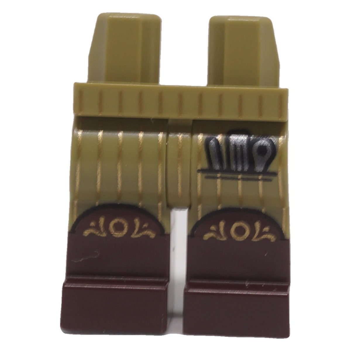 LEGO® olive green minifigure legs with dark brown boots, gold pinstripes and printed tool pocket, front view