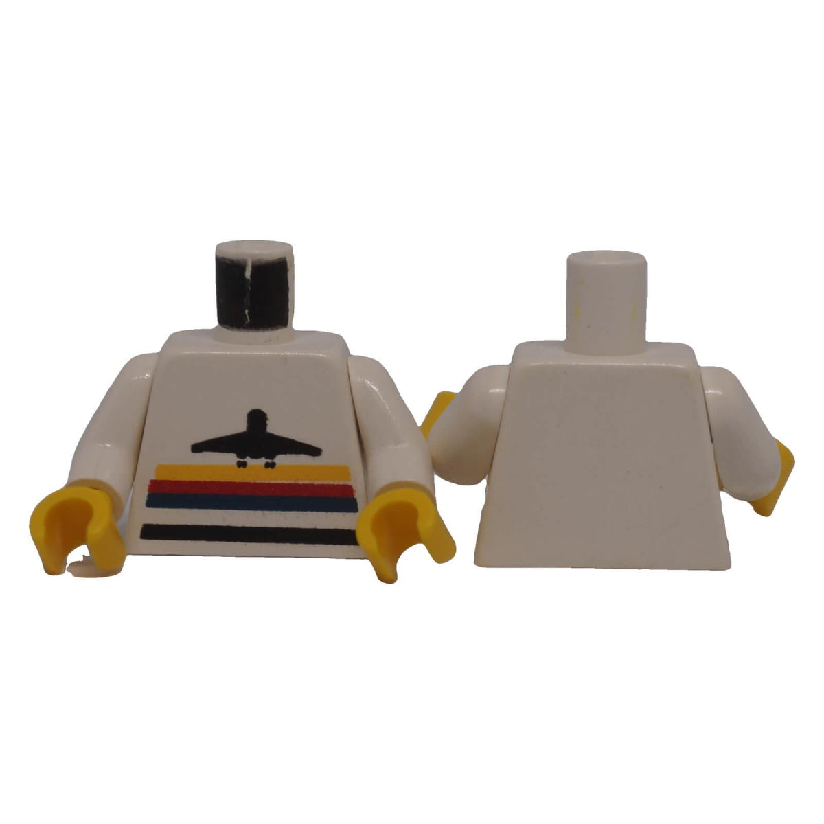 LEGO® white minifigure torso with airplane logo and stripe print, white arms and yellow hands, front and back views
