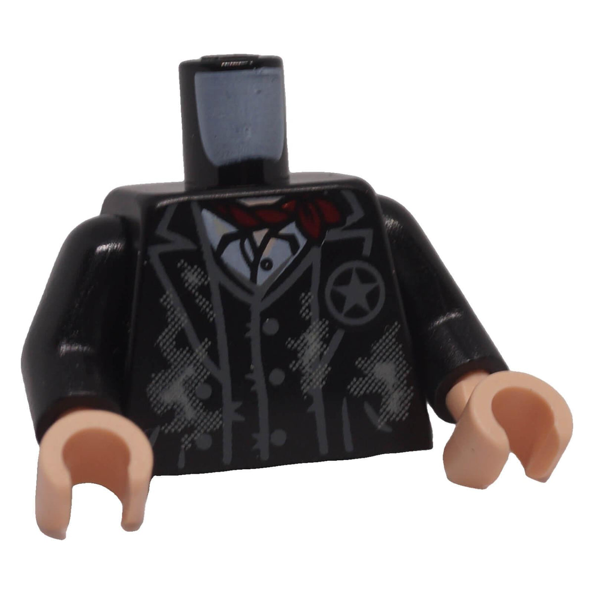 LEGO® torso 973pb1460c01 jacket and vest with star badge and dark red scarf front view