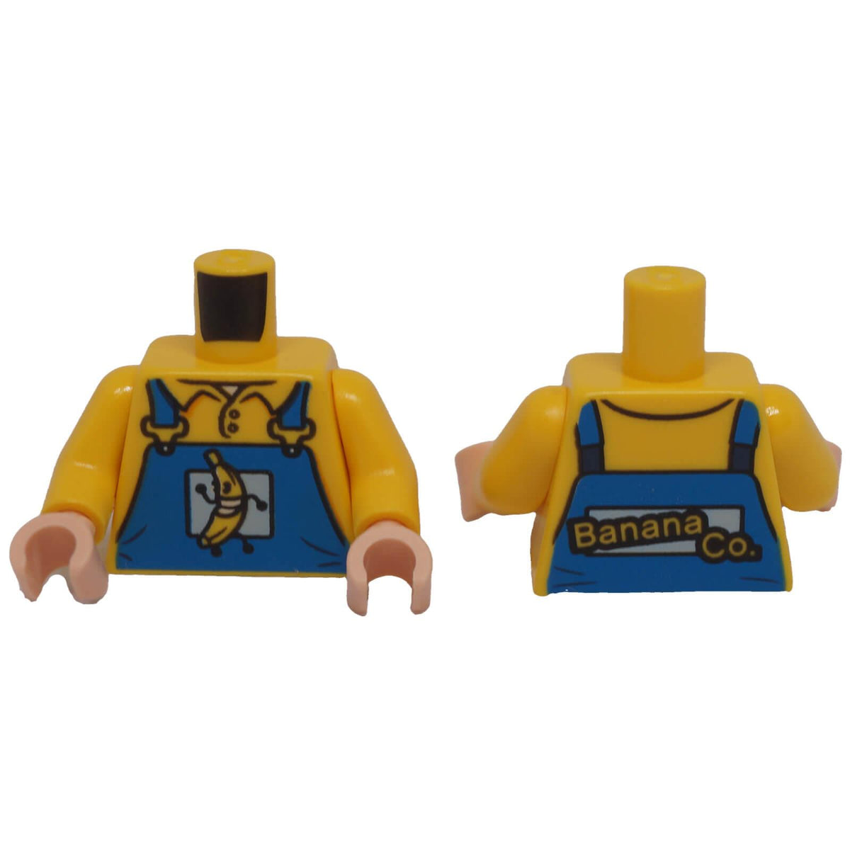 LEGO® minifigure torso 973pb1870c01 with blue overalls, running banana front graphic and Banana Co. back print, front and rear views