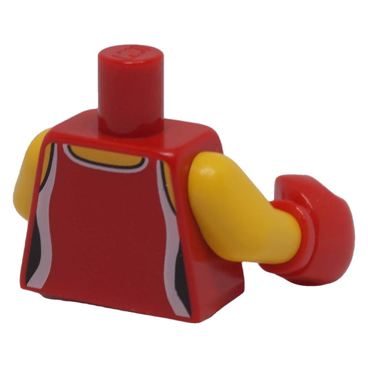 LEGO® red minifigure torso 973pb2394c01 with tank top back print, yellow arms and red glove elements, rear angled view