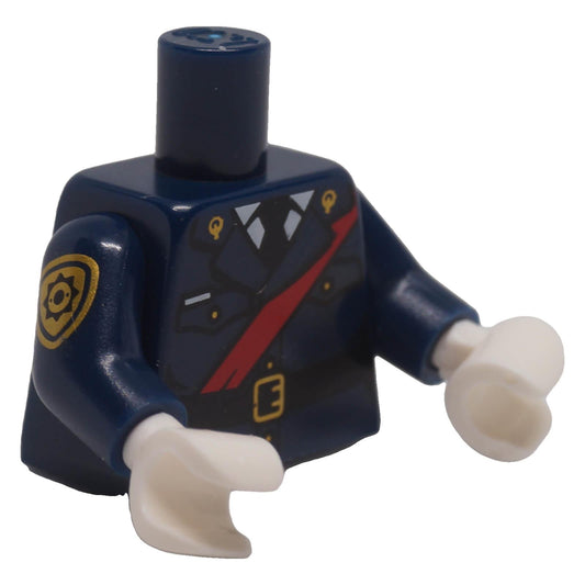 LEGO® dark blue police torso 973pb2567c01 with red sash, black tie, gold details and white hands, front angled view