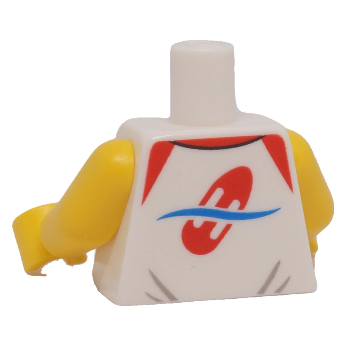Back view of LEGO® lifeguard torso with red and blue lifeguard float print and yellow arms