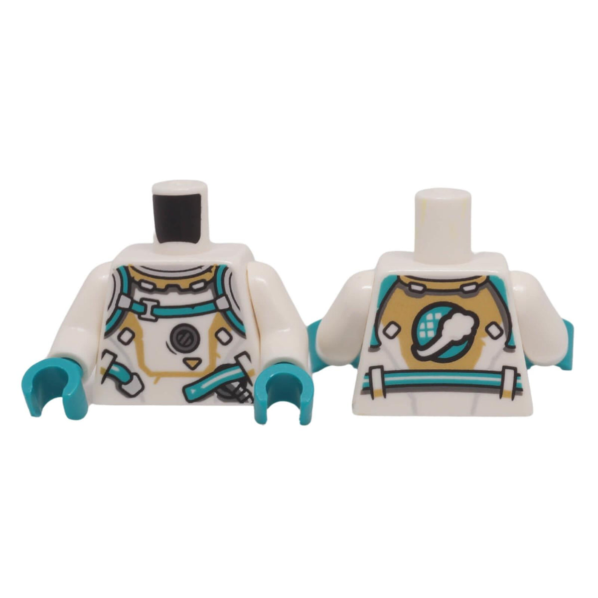 LEGO® spacesuit torso with dark turquoise straps and planet emblem, front and back views