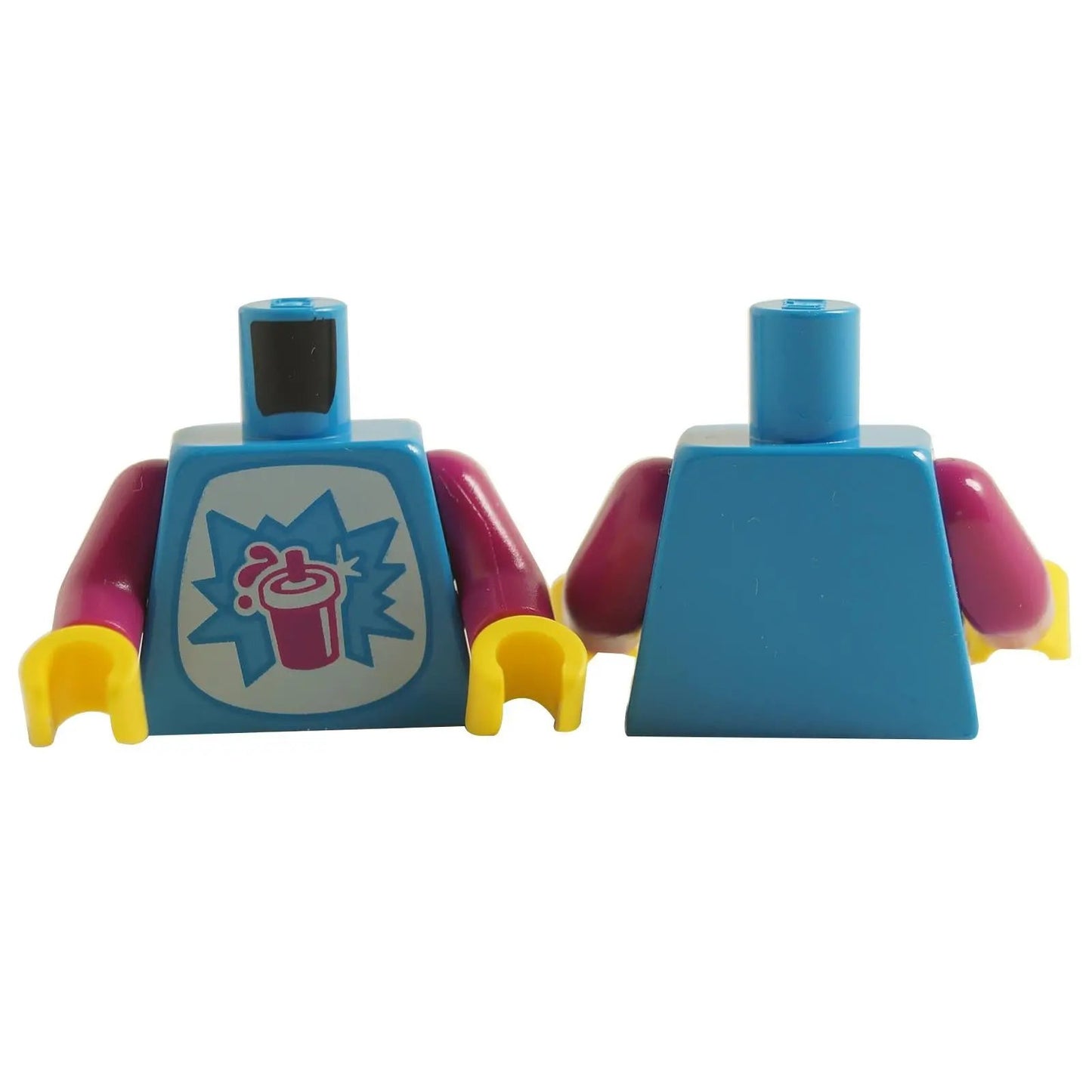 Minifigure torso 973pb4979c01 with colorful slushie cup logo print and casual outfit detailing
