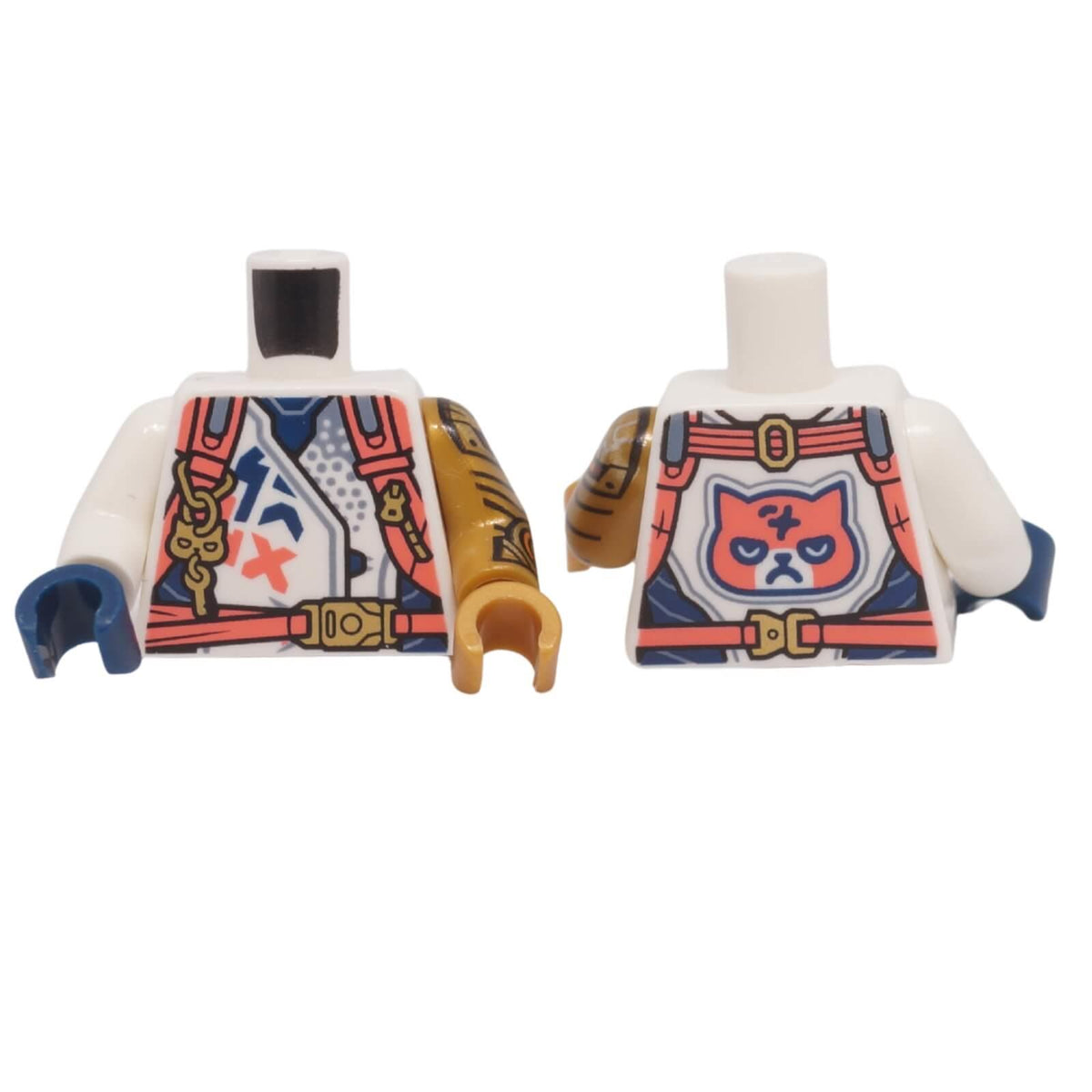 LEGO® racing jacket torso with coral harness straps and grumpy cat emblem, front and back