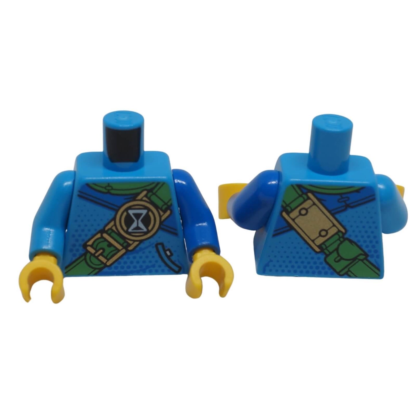 LEGO minifigure torso 973pb5346c01 with hourglass emblem, green strap and gold buckles shown front and back