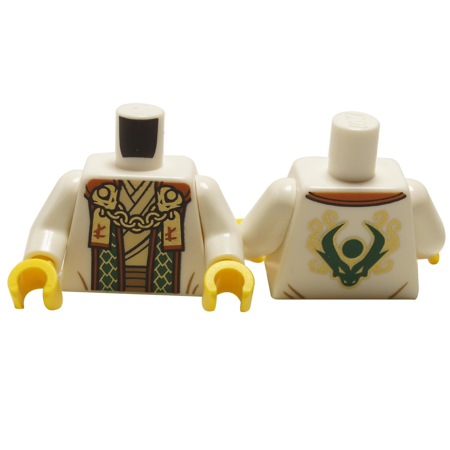 LEGO minifigure torso with ornate robe featuring green and gold detailing, chain patterns, and a green and gold emblem on the back. The image also shows a plain white torso for comparison.