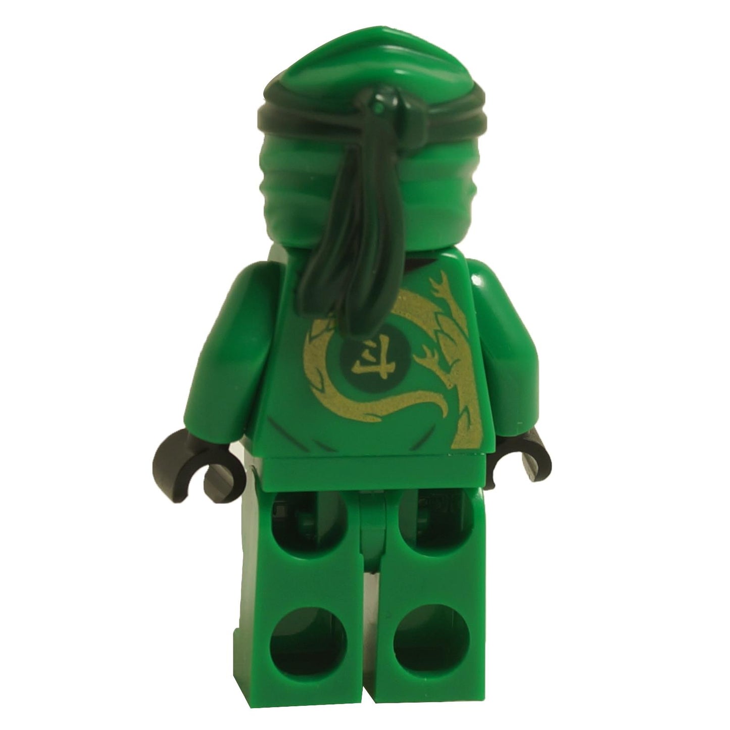 LEGO Ninjago Lloyd Minifigur njo0708 in seinem grünen Legacy-Gi mit einem goldenen Drachenmuster ohne Kapuze. Rückansicht.