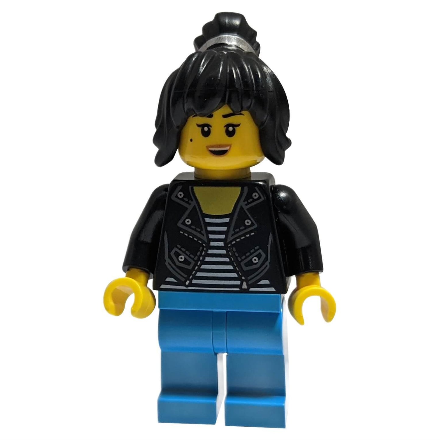 LEGO® Minifigure - Black leather jacket over striped shirt, blue pants, and black hair tied in a high ponytail.
