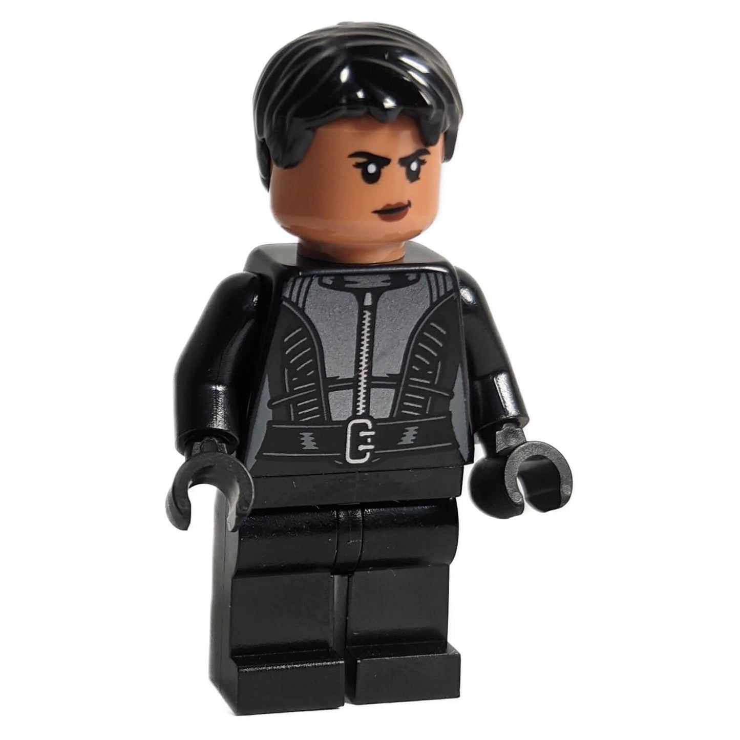 LEGO minifigure of Selina Kyle from the Batman series, featuring a sleek black outfit and dual-sided head with different expressions.