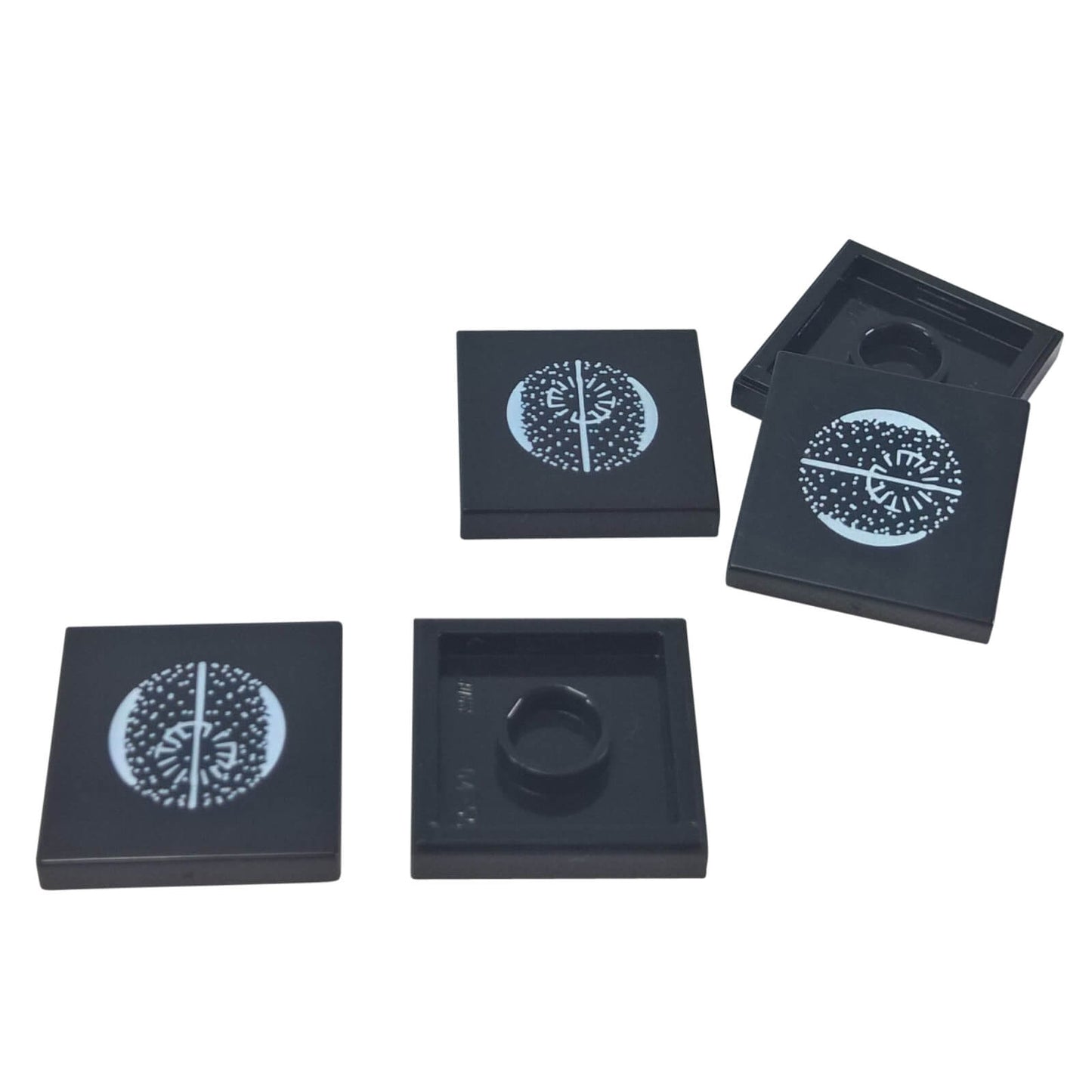 Black tile 2 x 2 with white Death Star pattern print