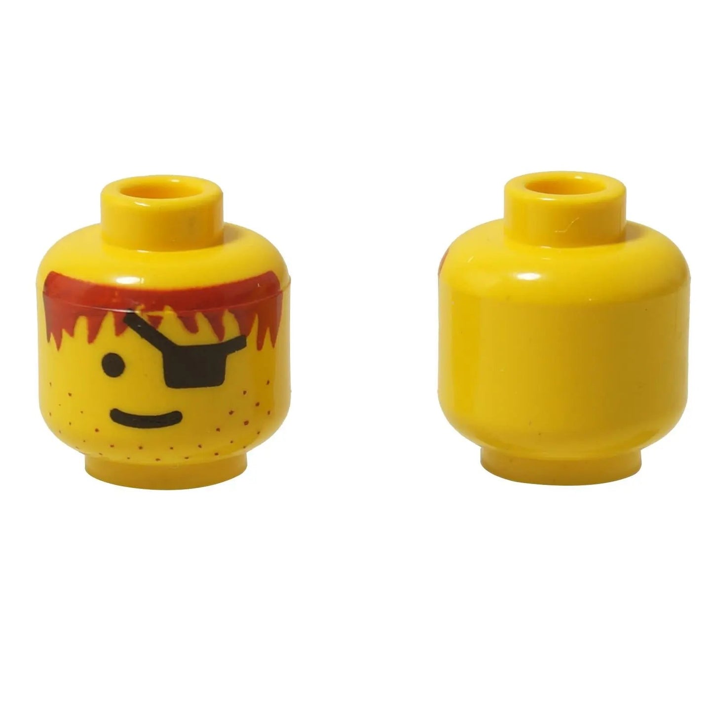 Classic LEGO® Pirate Head with a black eye patch, red bandana, stubble, and a smile. Front and back view.