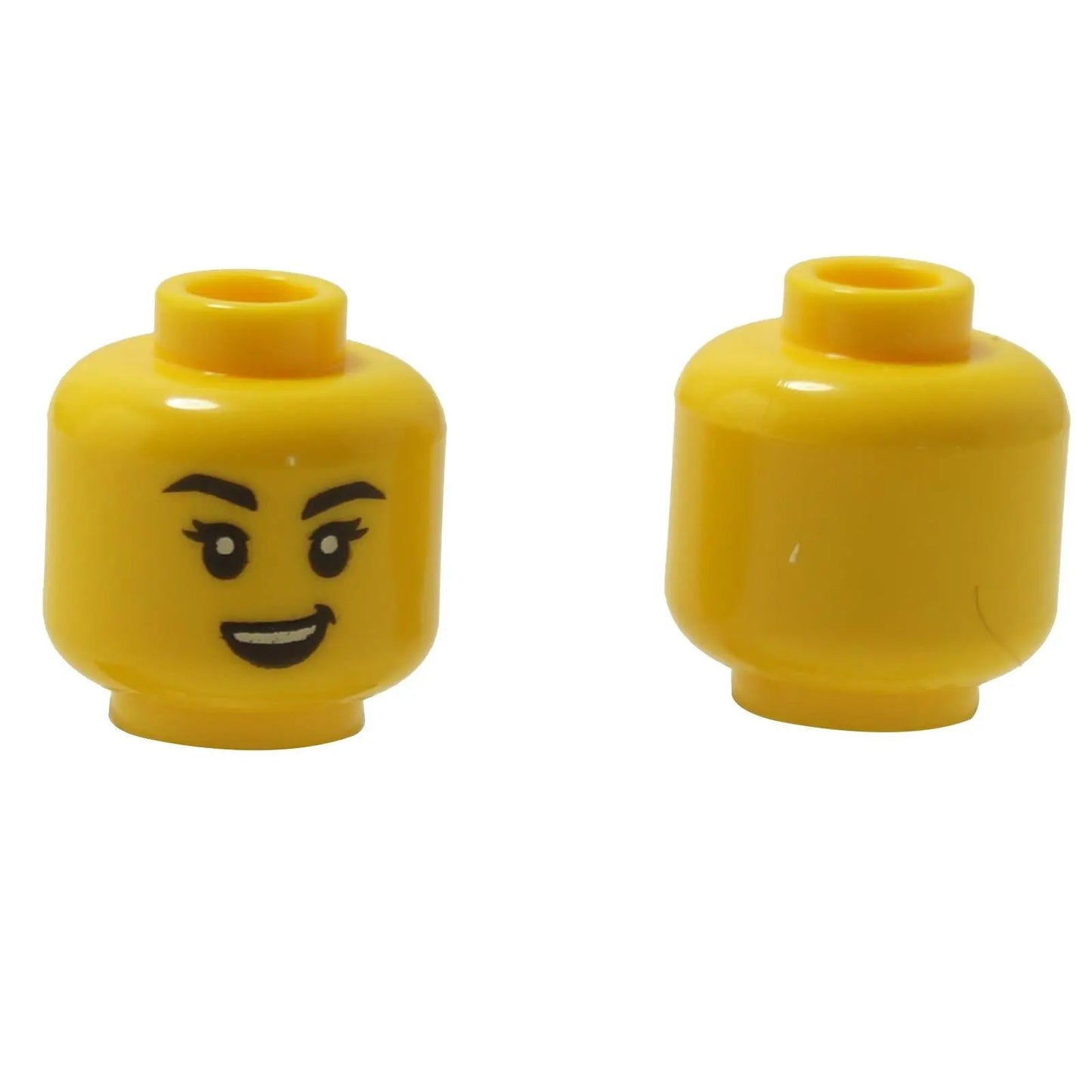 Female minifigure head with raised eyebrow, white pupils, and crooked smile facial expression
