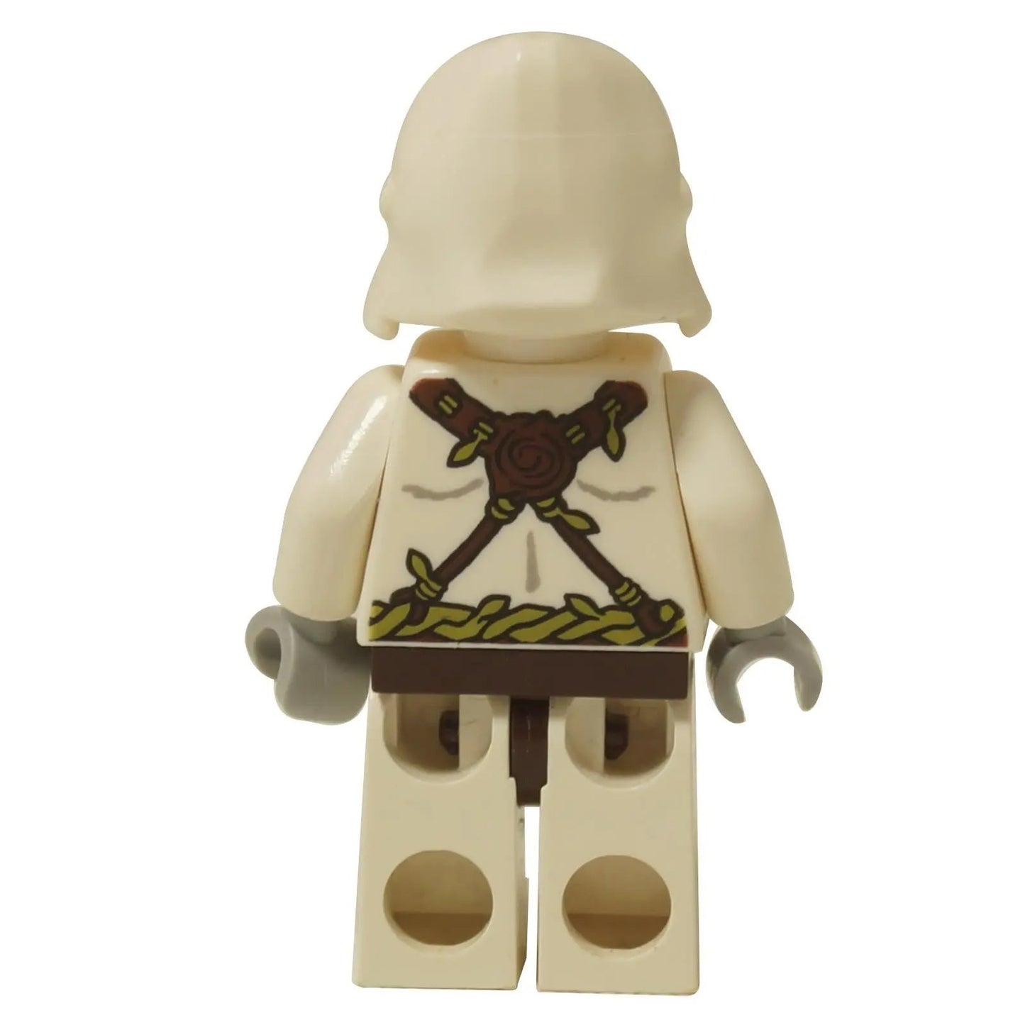 LEGO® Legends of Chima Grizzam minifigure (loc040) with white fur and back armor print showing crossed vines and tribal design, rear view.