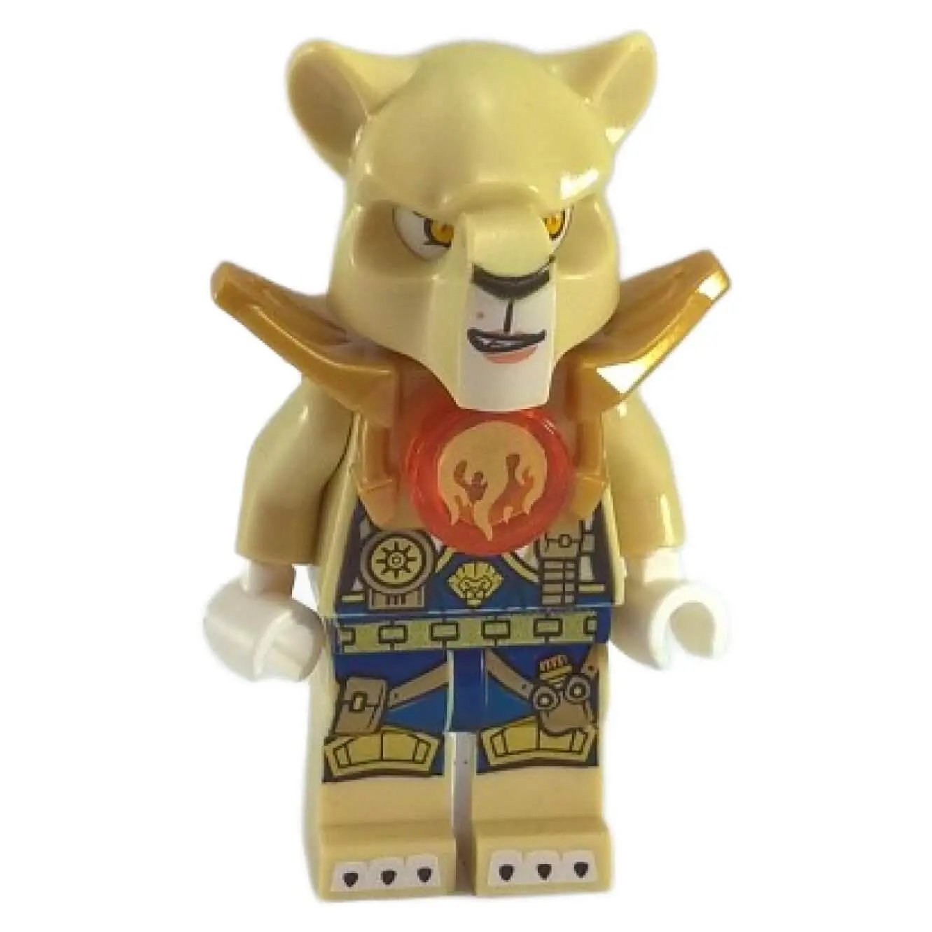 LEGO Chima Li'Ella minifigurka loc115, lví bojovnice se zlatým brněním a oranžově průsvitnou ohnivou Chi koulí, oblečená v tmavě modrém obleku. Pohled zepředu.