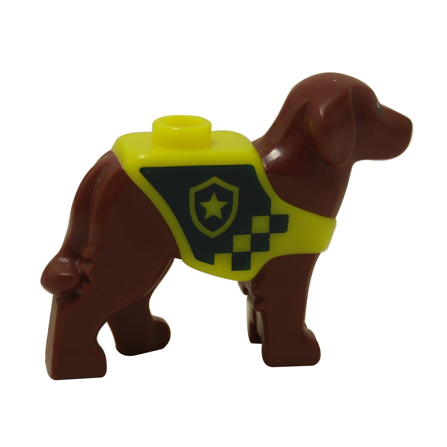 LEGO® Friends rescue Labrador dog in reddish brown with bright yellow vest printed with dark blue star shield and checker pattern, side view