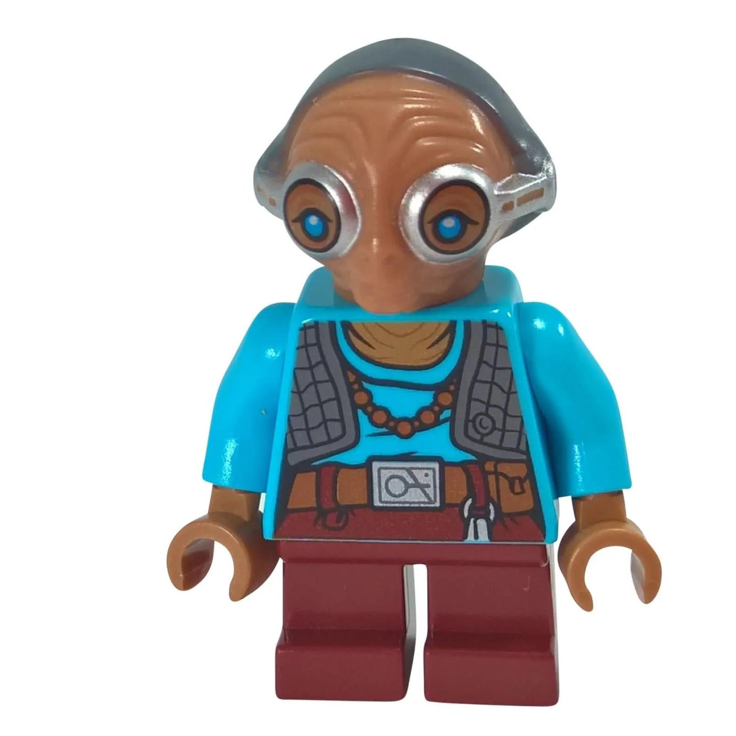 Minifigura de LEGO Star Wars Maz Kanata mostrada de frente. La figura tiene una cabeza moldeada de manera única con grandes gafas de plata y lleva una chaqueta azul brillante.