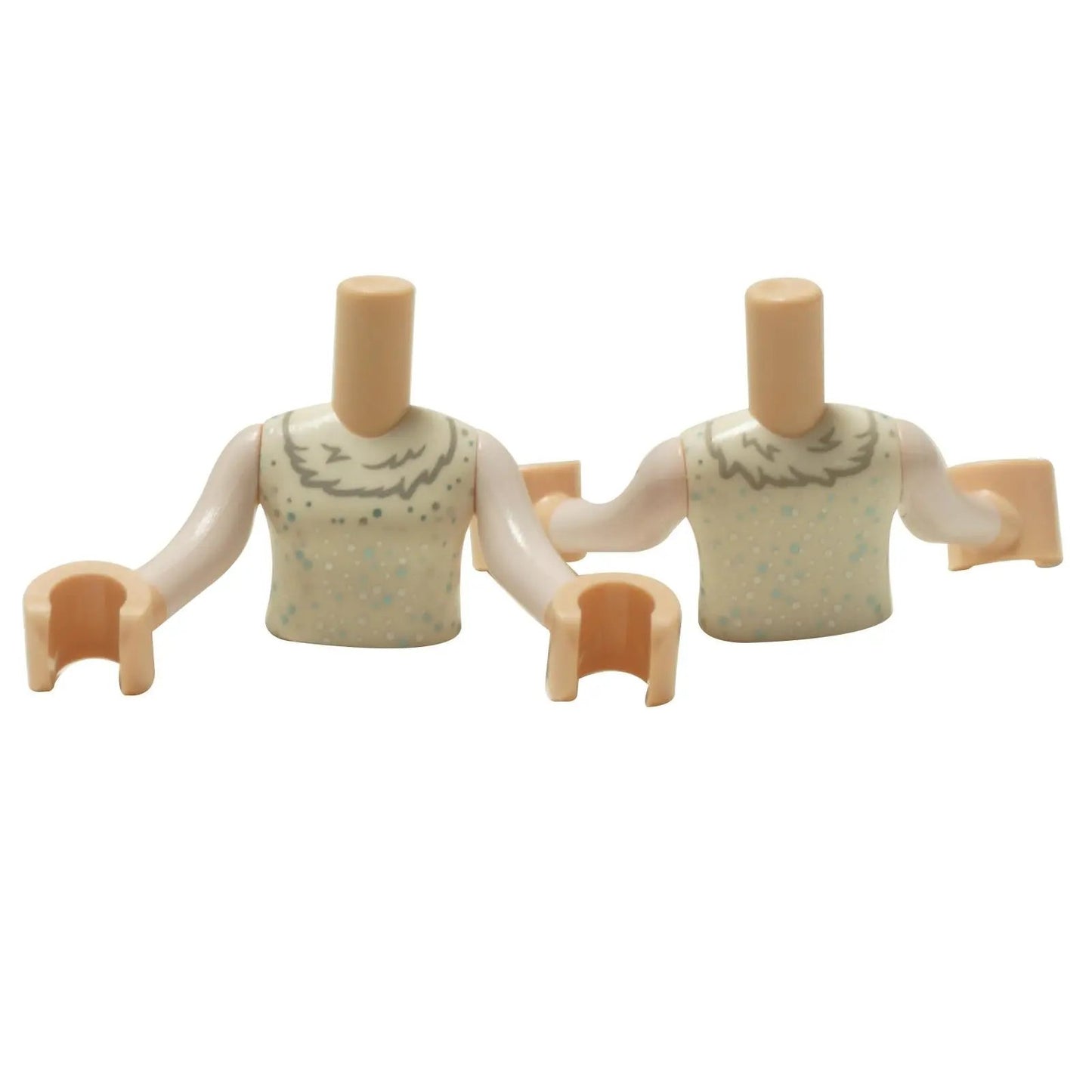 Front and back views of the LEGO mini doll torso FTGpb490c01, showing a white dress top with a fur-like collar and blue sparkles.