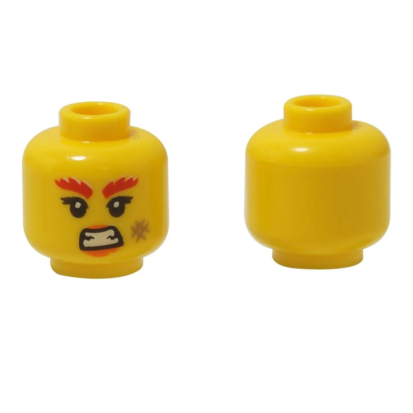 Front and back views of the LEGO® minifigure head (3626pb3380) in yellow, featuring an angry expression with red eyebrows, clenched teeth, and a scar on the cheek.