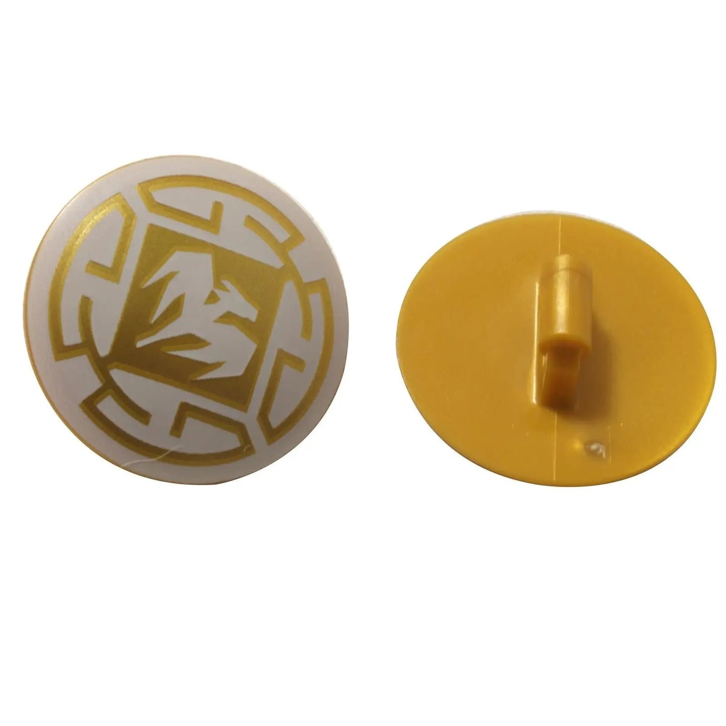 Front and back views of the LEGO NINJAGO shield 75902pb12, featuring a gold dragon pattern on a white convex surface.