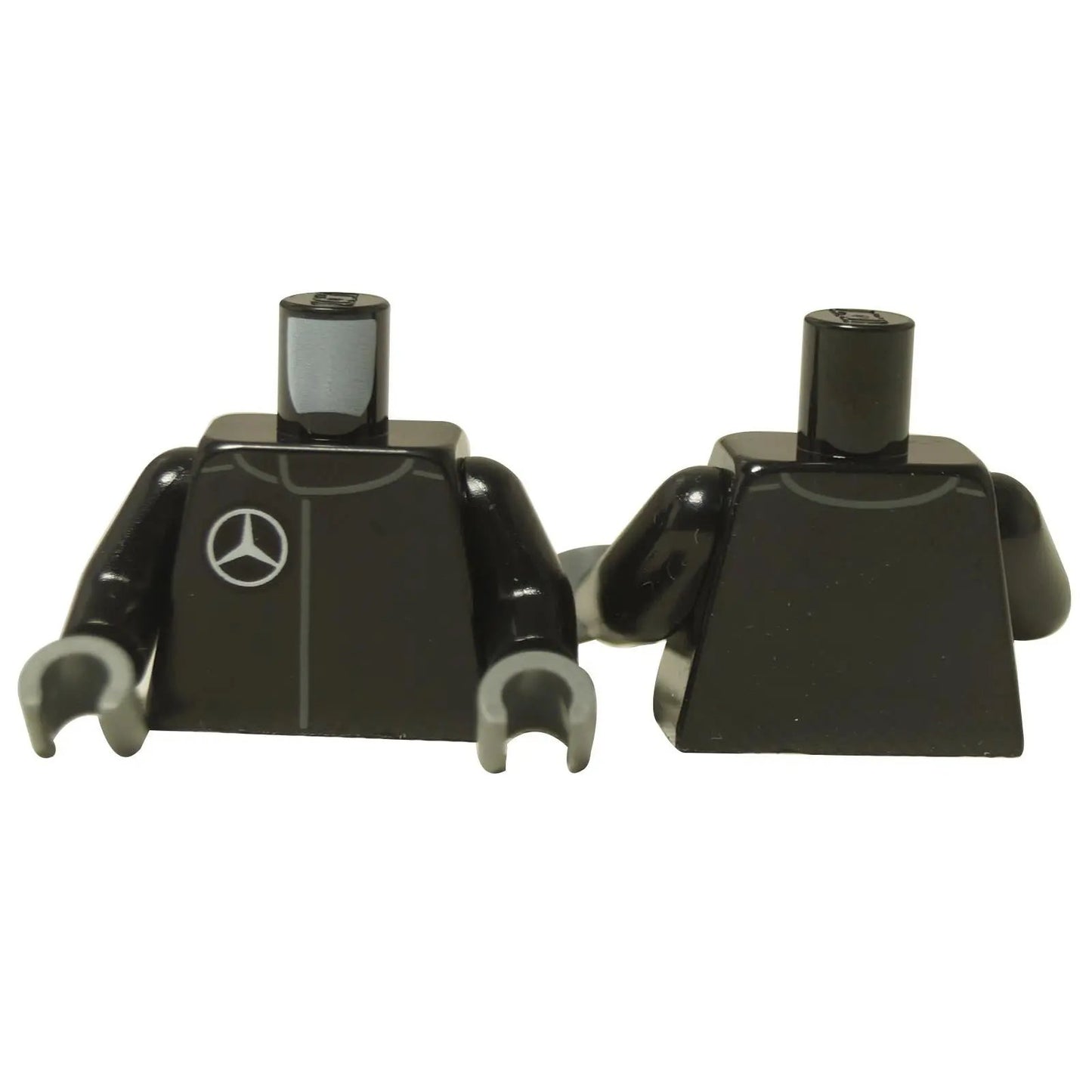 Front and back of a black LEGO® torso (973pb5944c01) with a printed Mercedes-Benz logo, representing a racing suit, with grey hands.