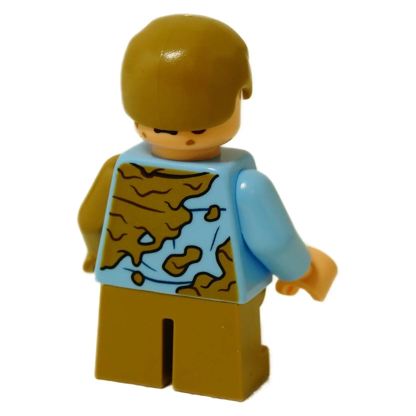 LEGO® minifigure Tim Murphy wearing a dirty blue shirt and tan legs, Jurassic Park character figure back profile view