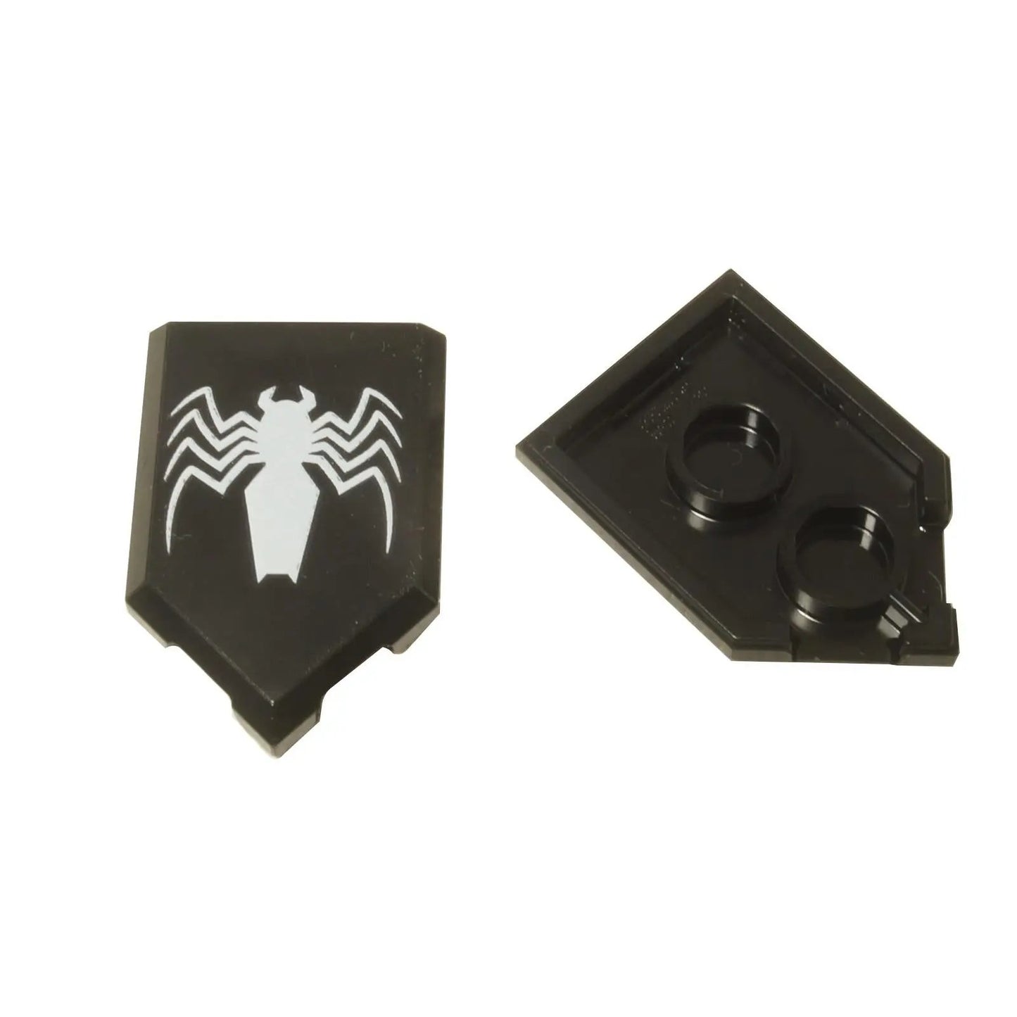 LEGO® Marvel Venom spider symbol shield tile (22385pb188), a black pentagonal tile with the white symbiote emblem.