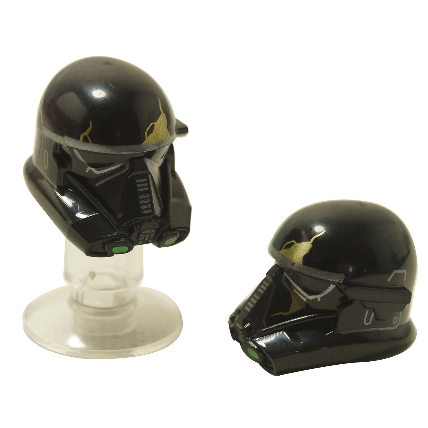 Black Imperial Death Trooper helmet with green visor details, molded minifigure headgear accessory
