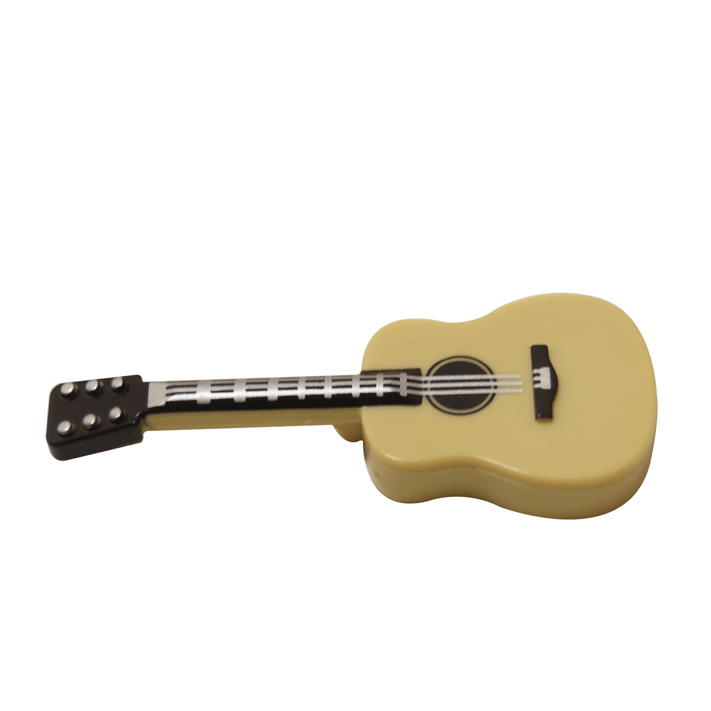 LEGO® acoustic guitar accessory with black neck and printed strings part 25975pb01 tan