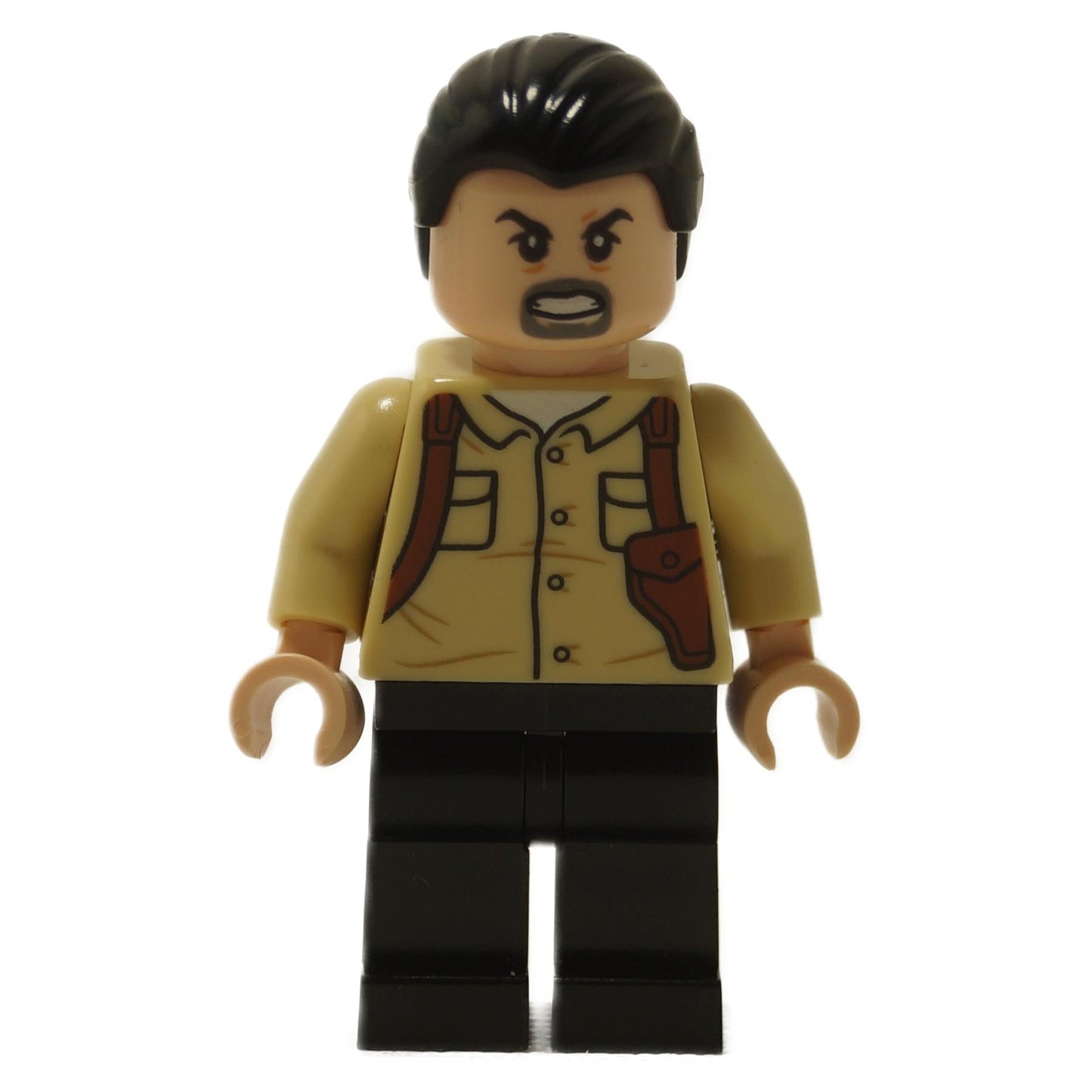 LEGO Jurassic World Vic Hoskins minifigure shown from the front. He wears a tan shirt with a printed gun holster and has a confident, angry expression.