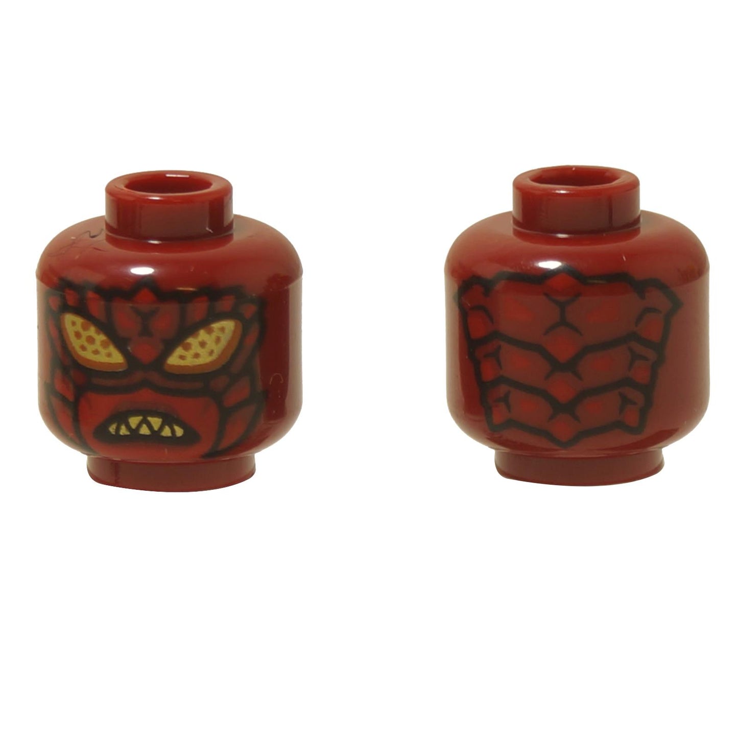 Vistas frontal y trasera de la cabeza de minifigura de monstruo LEGO® (3626pb3784) en rojo oscuro, que presenta una cara feroz con ojos amarillos, dientes afilados y detalles de escamas negras.