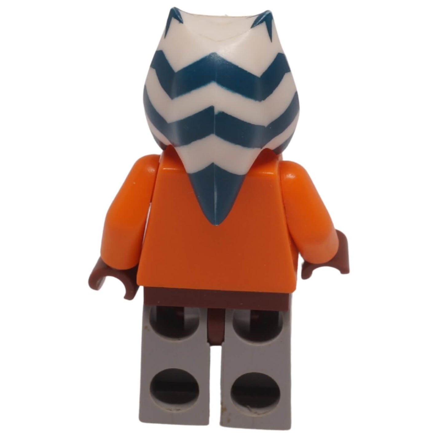 LEGO Star Wars Ahsoka Tano Padawan minifigure sw0192 with orange skin, blue and white lekku, and tube top printing, back view.