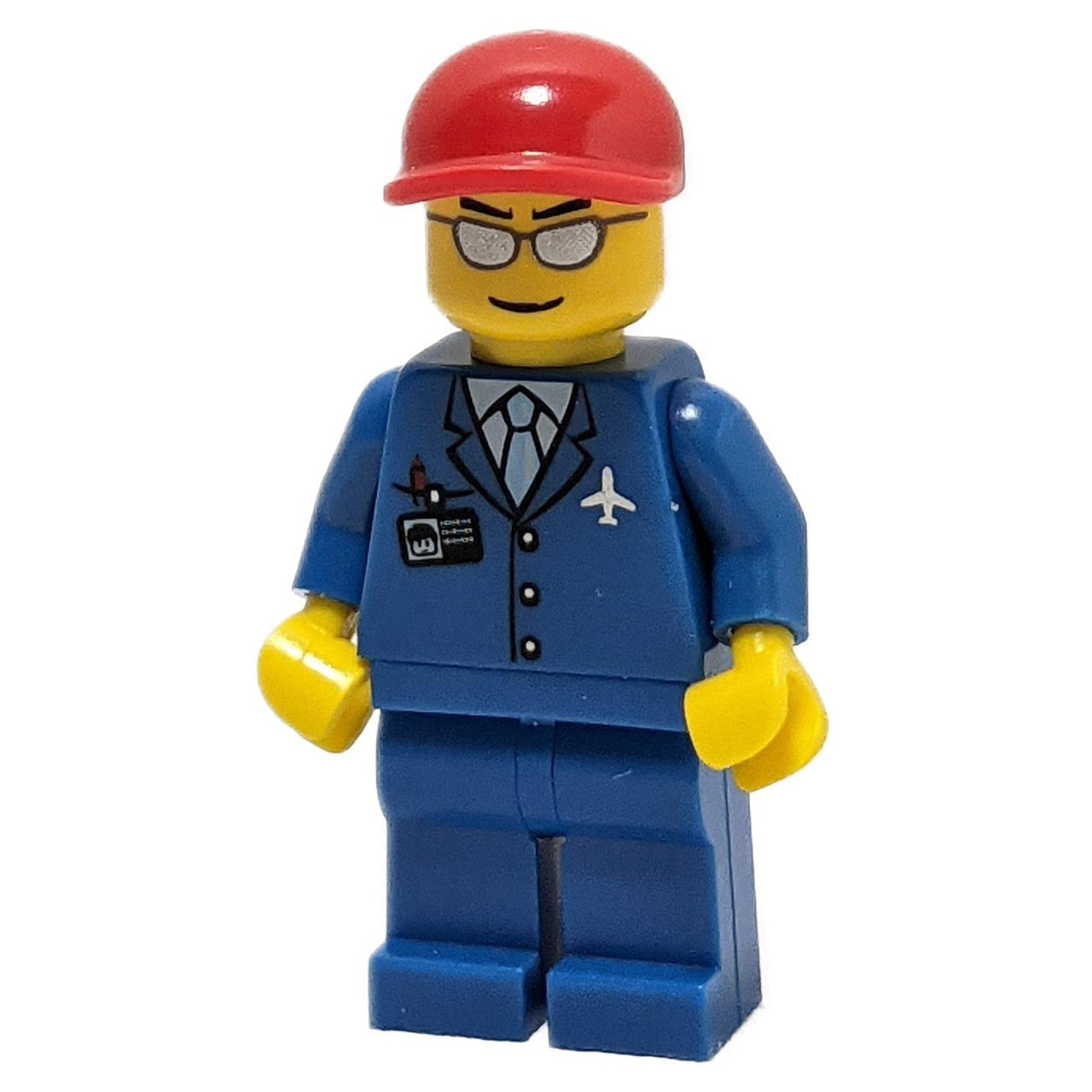 LEGO Minifigure Agent Aéroport - Bleu Veste à 3 Boutons & Cravate, Rouge Casquette - Vue de Face.