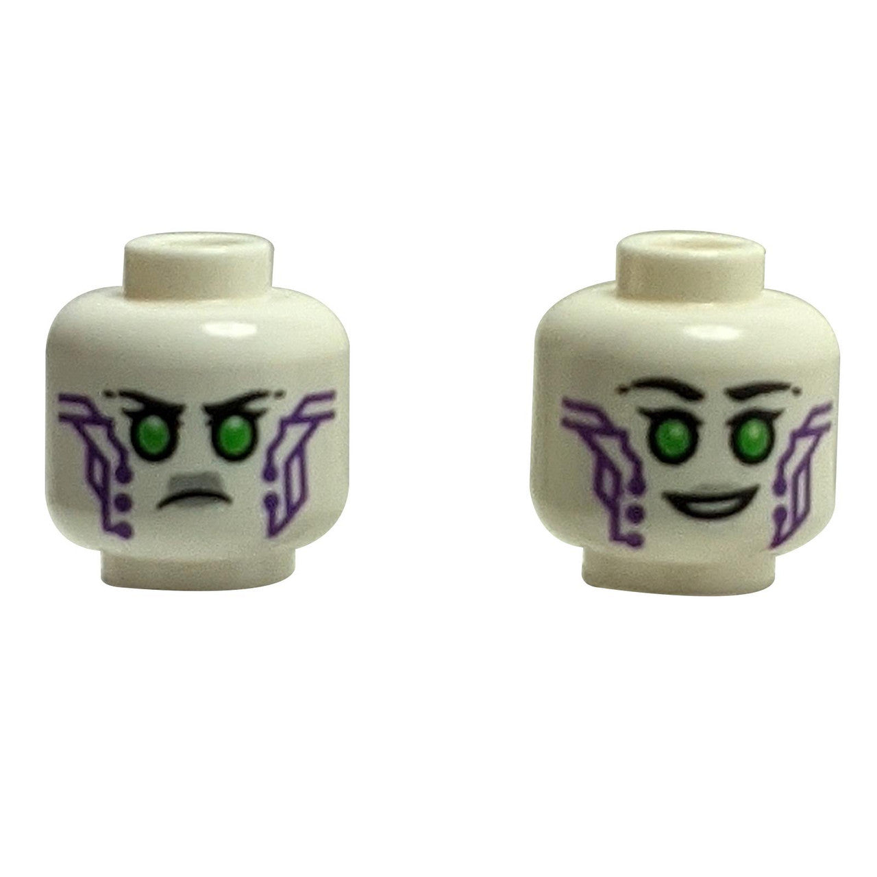Dual-sided white LEGO head 3626pb3050 with fierce and friendly alien faces.