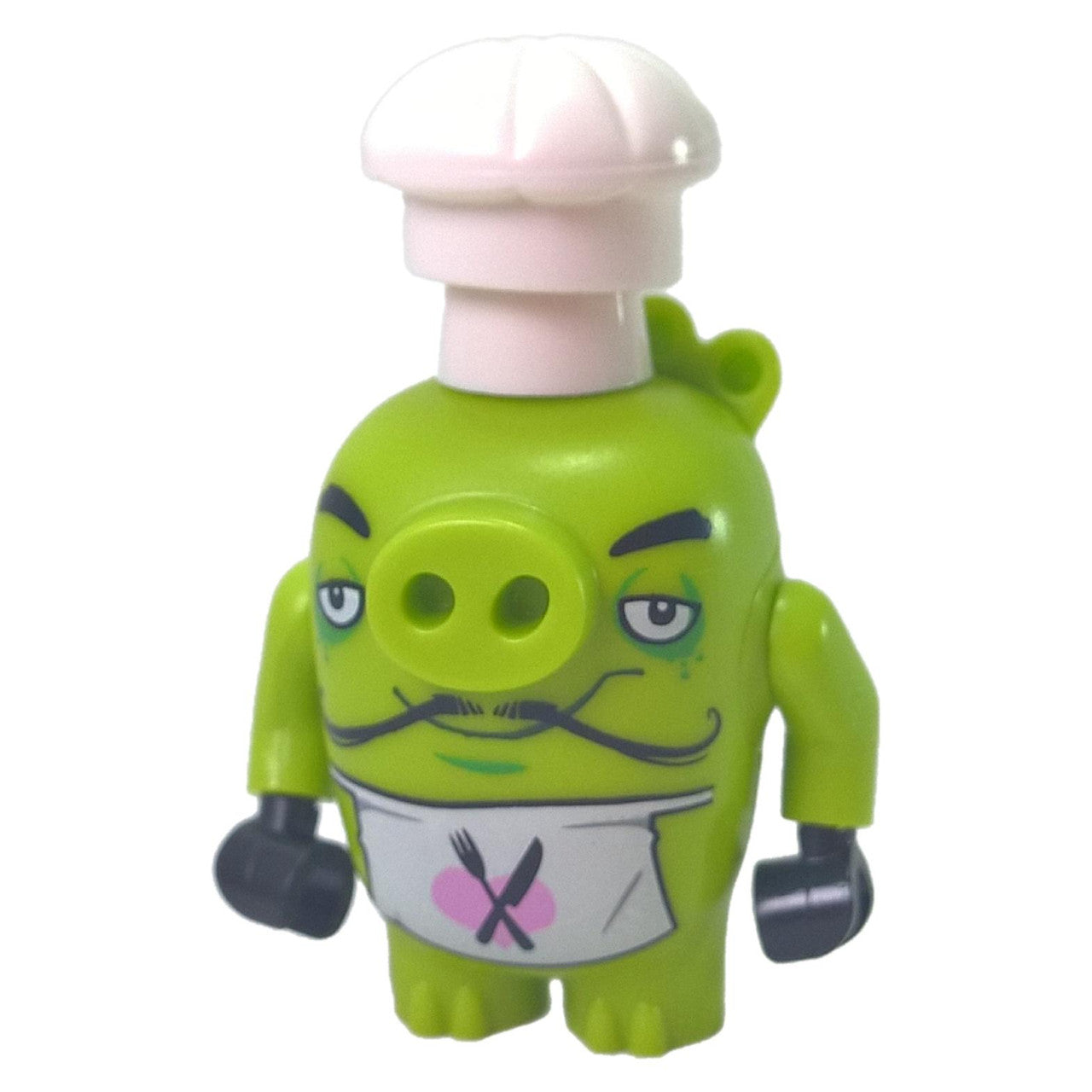 LEGO® Angry Birds Chef Pig minifigure with a white chef hat, green body, and printed apron with utensils symbol