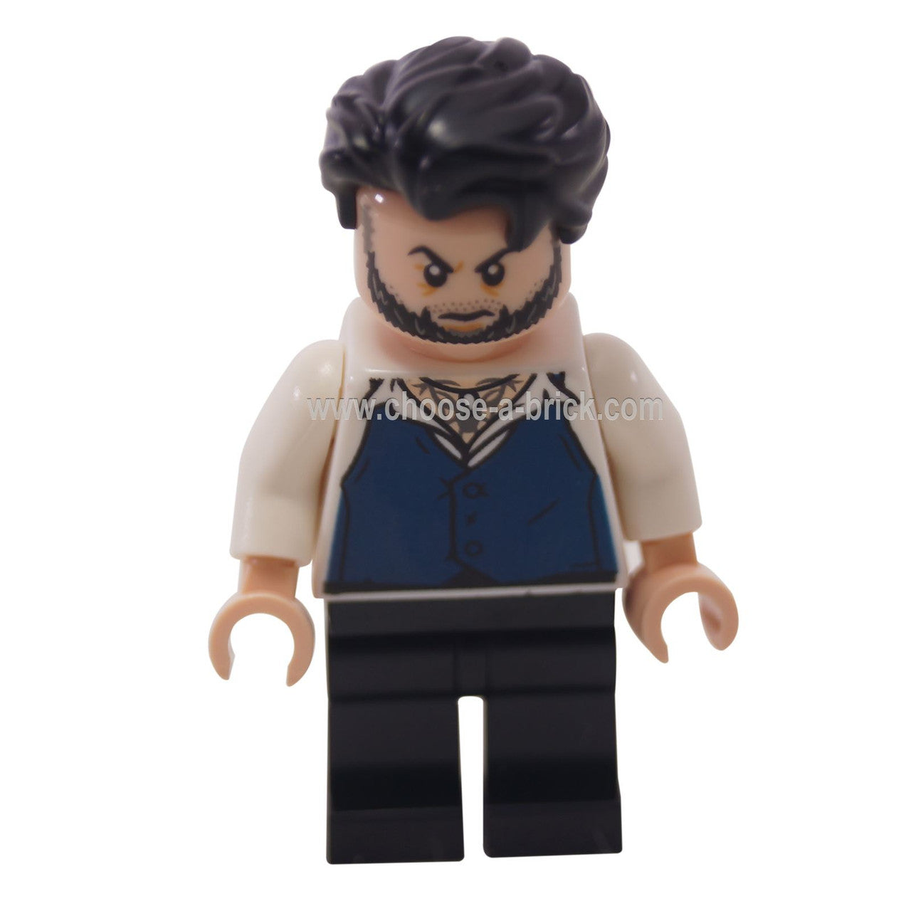LEGO Ulysses Klaue minifigure (sh468) front view, featuring blue vest and beard.