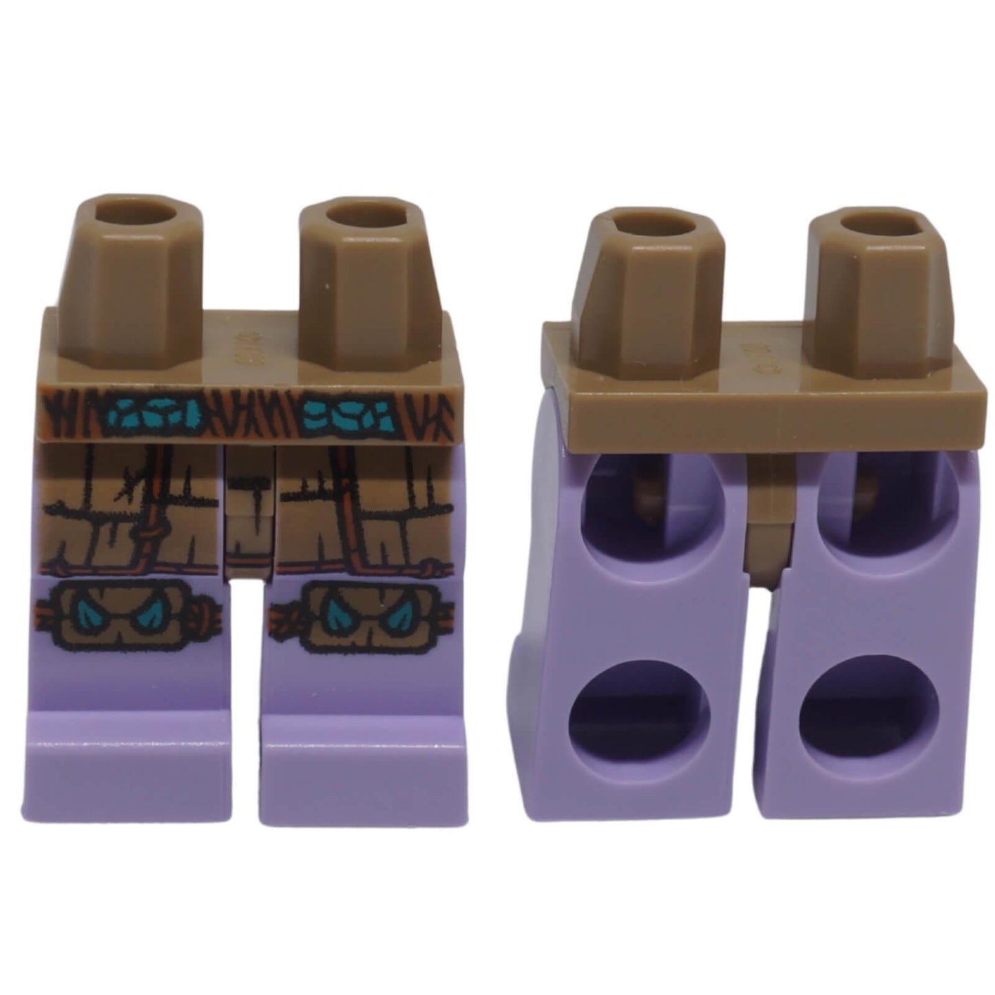 Front and back view of LEGO® minifigure hips and legs 970c154pb01 with rope belt, armour panels and printed knee pads