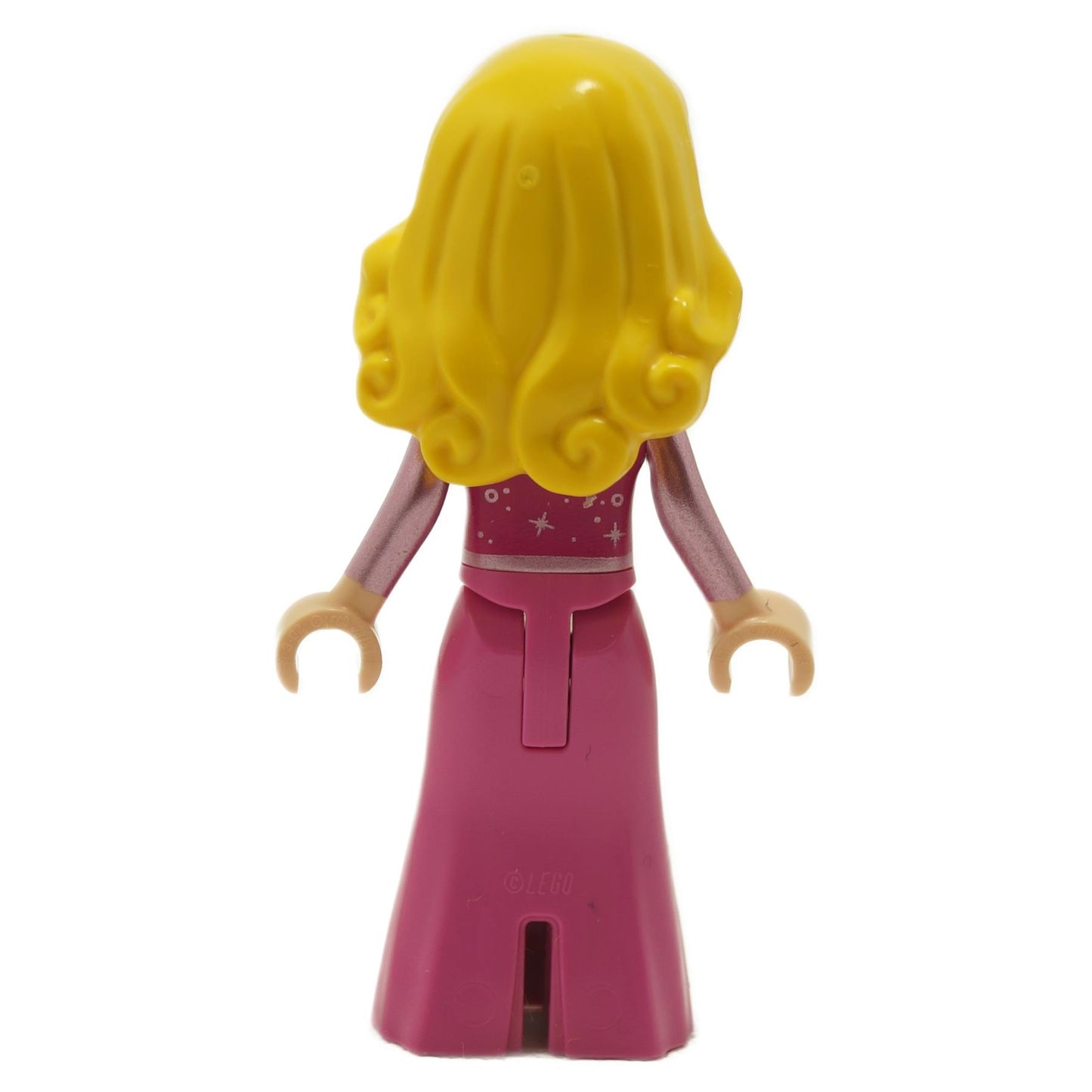 Back view of LEGO Aurora mini-doll, yellow hair and dark pink dress.