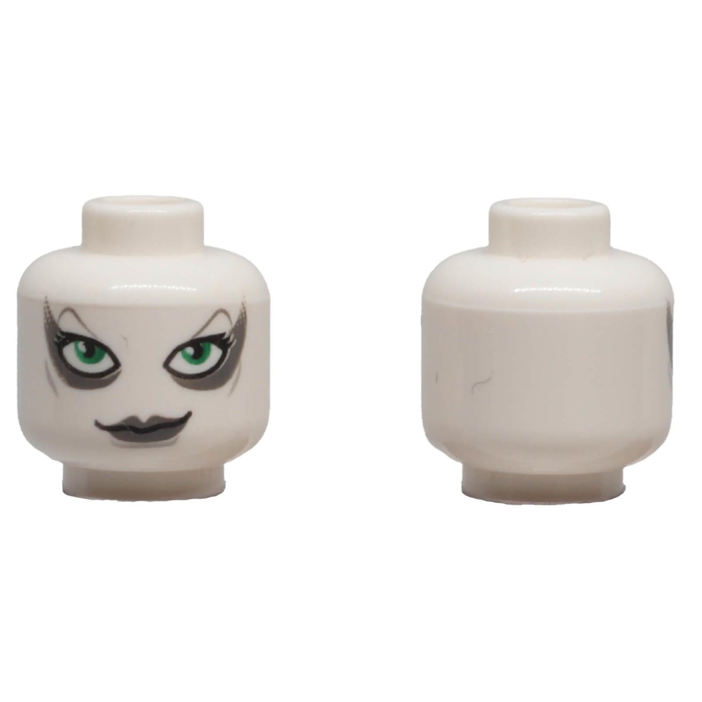 LEGO® Aurra Sing minifigure head 3626pb0550 with green eyes, grey lips and blocked open stud shown from front and back