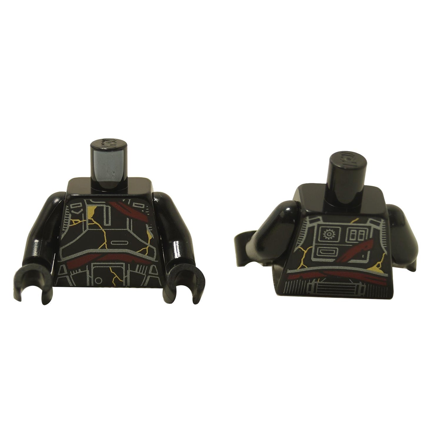 Front view of LEGO black Death Trooper torso (973pb6148c01) with red sash and gold crack detailing.