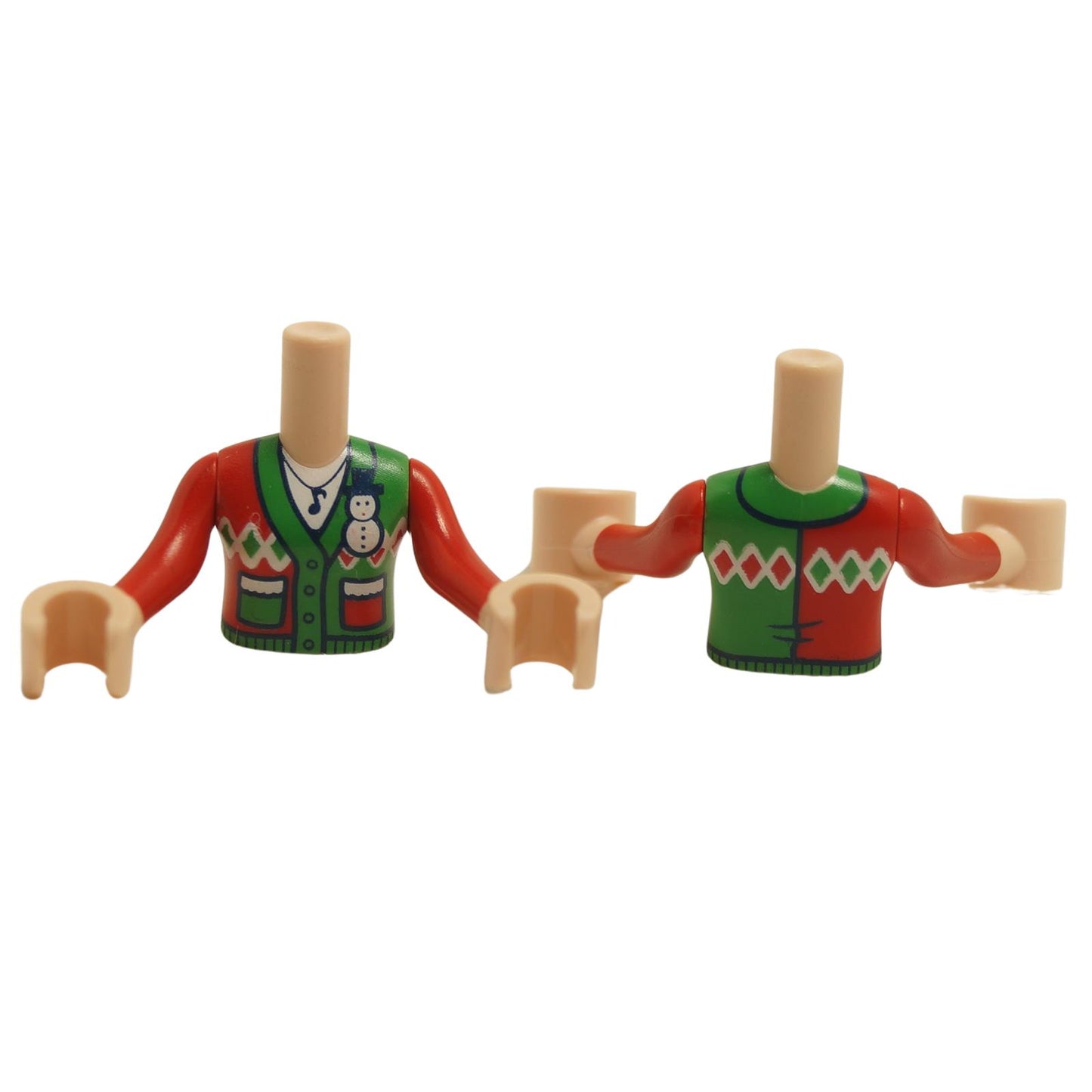 LEGO mini doll torsos with festive Christmas sweaters; front with a red and green pattern and the back with a snowman design.