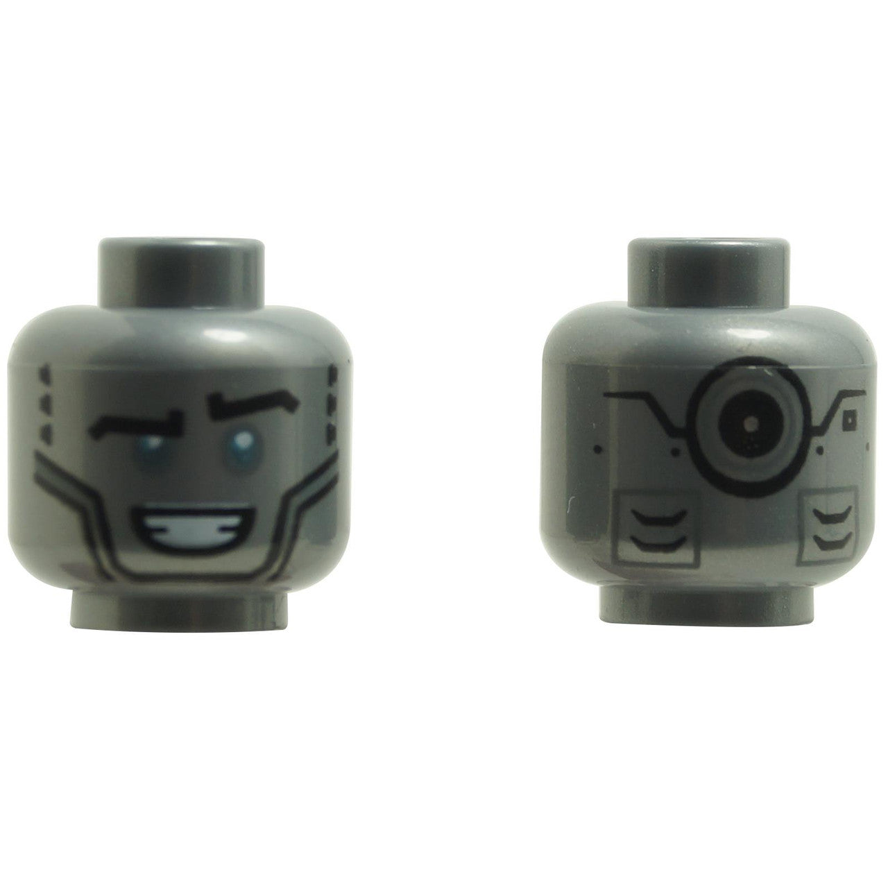 Minifigura, Cabeza de Robot Alienígena con Cejas Negras, Ojos Azul Claro Metálico, Sonrisa de Boca Abierta y Negro