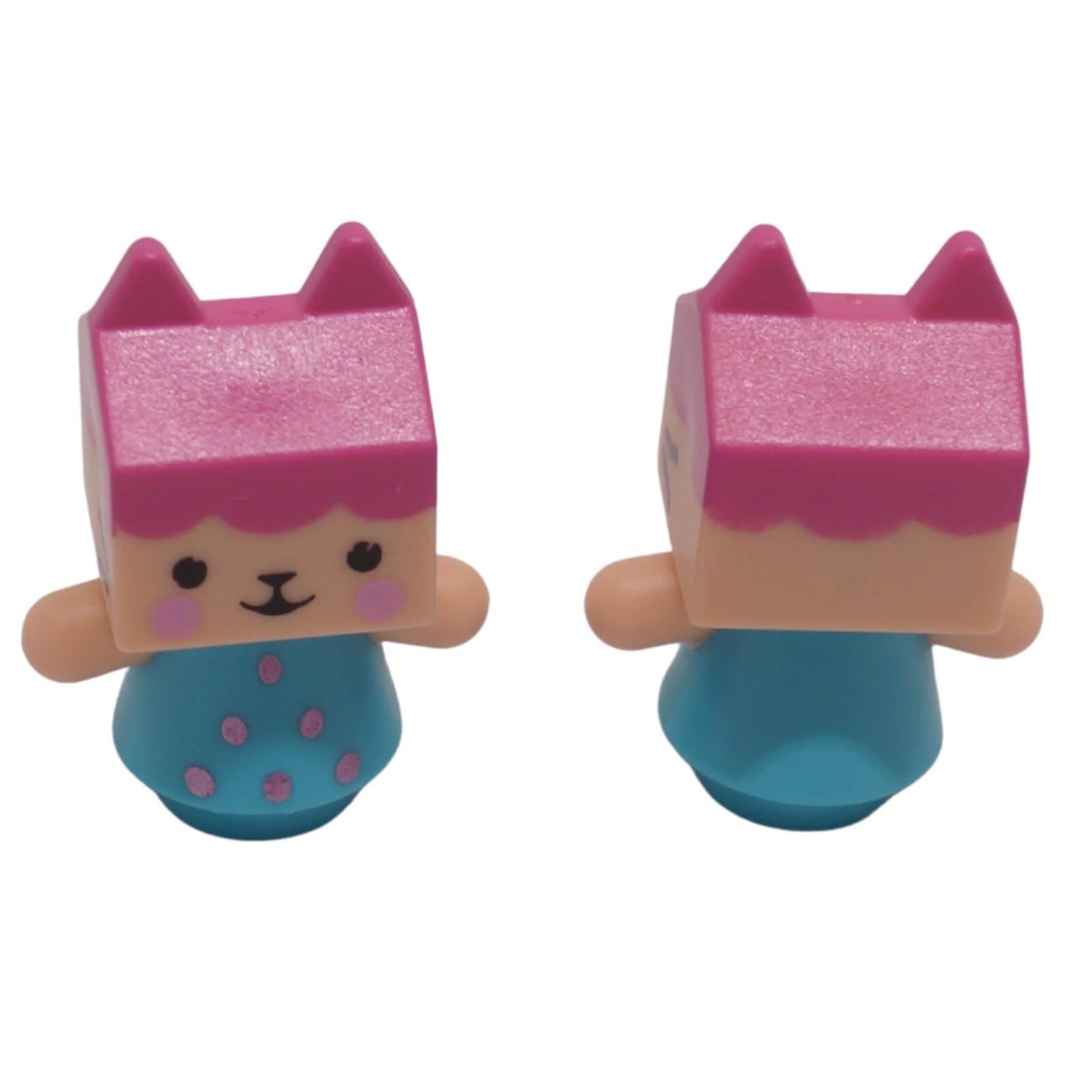 LEGO® Baby Box figure gdh012 shown from the front and back with a pink box-shaped head, pointed ears and turquoise body