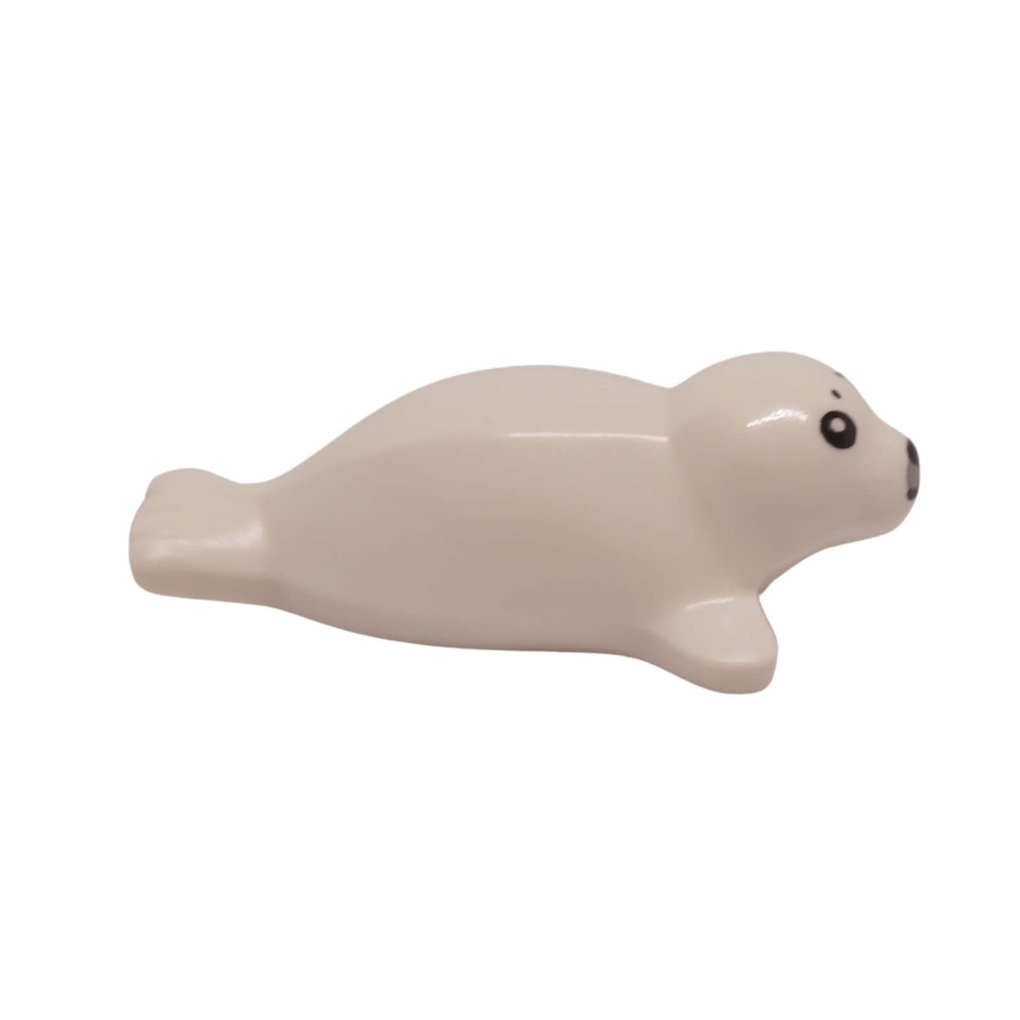 LEGO white baby seal figure with light bluish gray muzzle and printed black eyes (Part 3399pb01), side view.