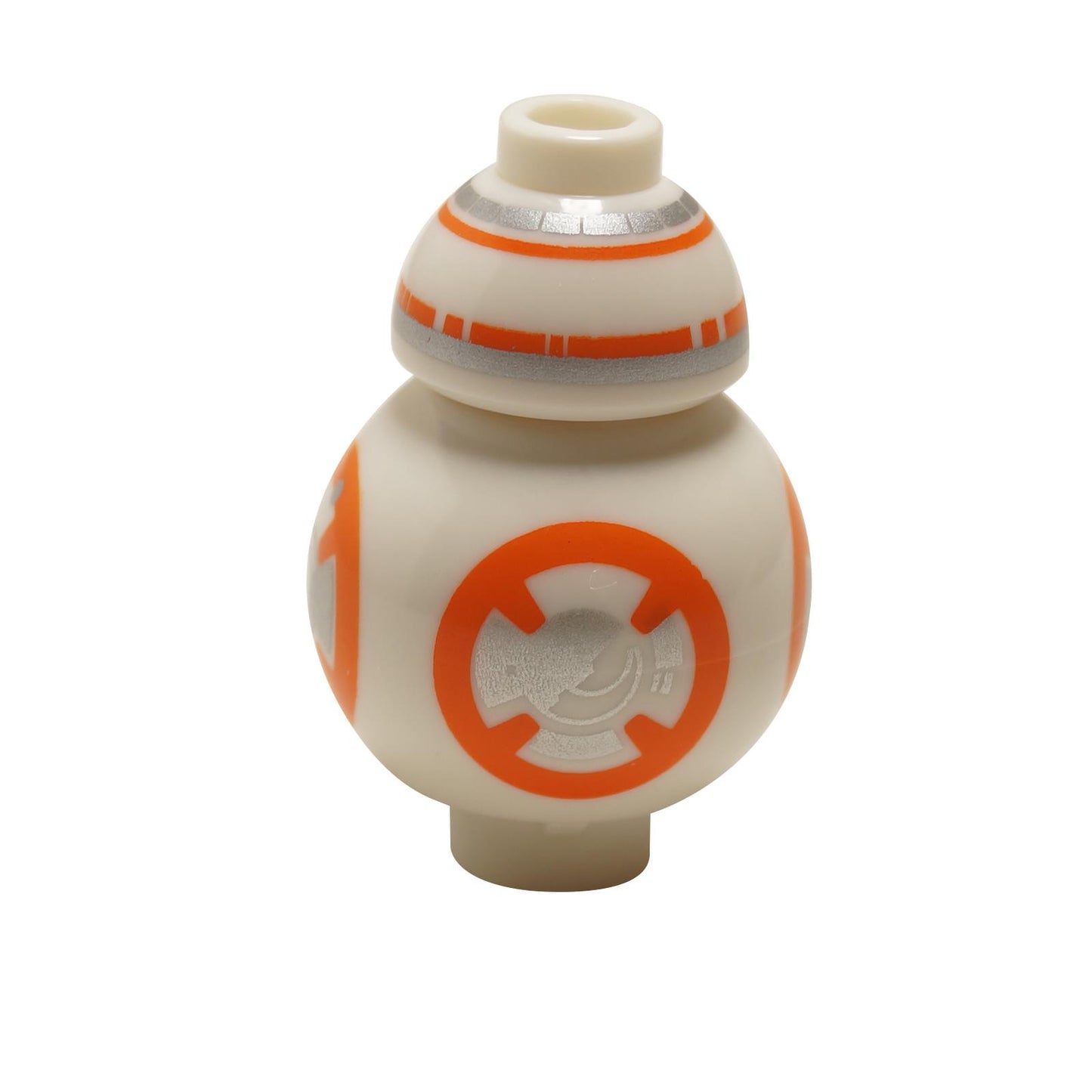 Minifigura LEGO del droide BB-8, vista frontal, cuerpo esférico naranja y blanco