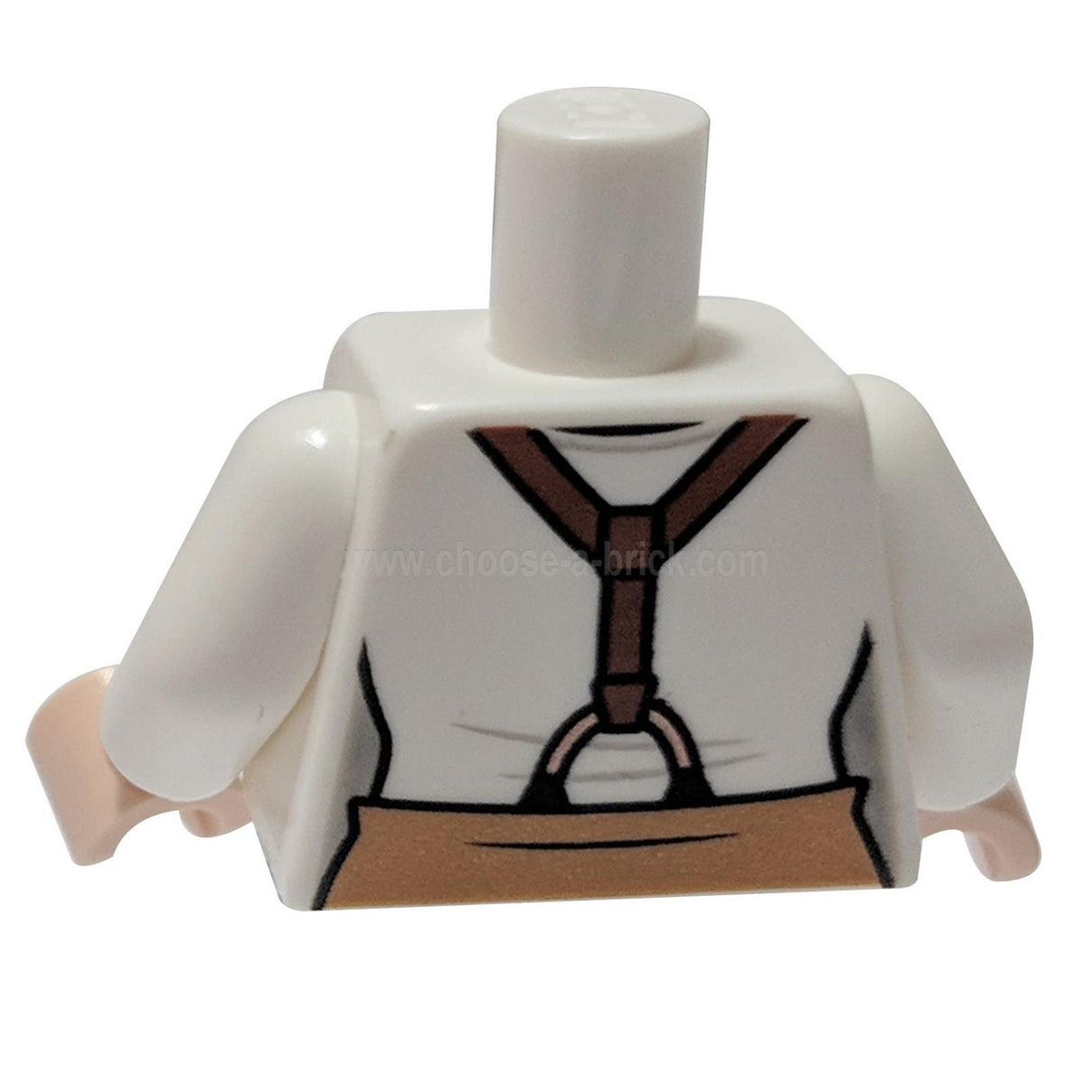 LEGO torso 973pb3723c01 back view with brown suspenders and nougat pants.