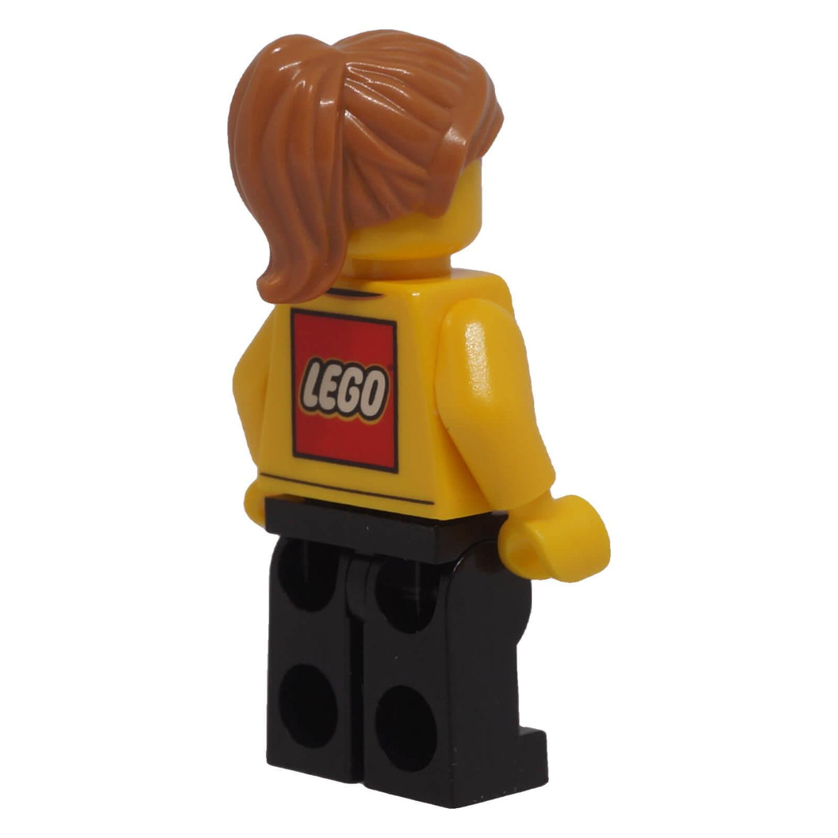 LEGO® Store Employee female minifigure bdp055 opposite rear view showing ponytail hair and LEGO logo torso print