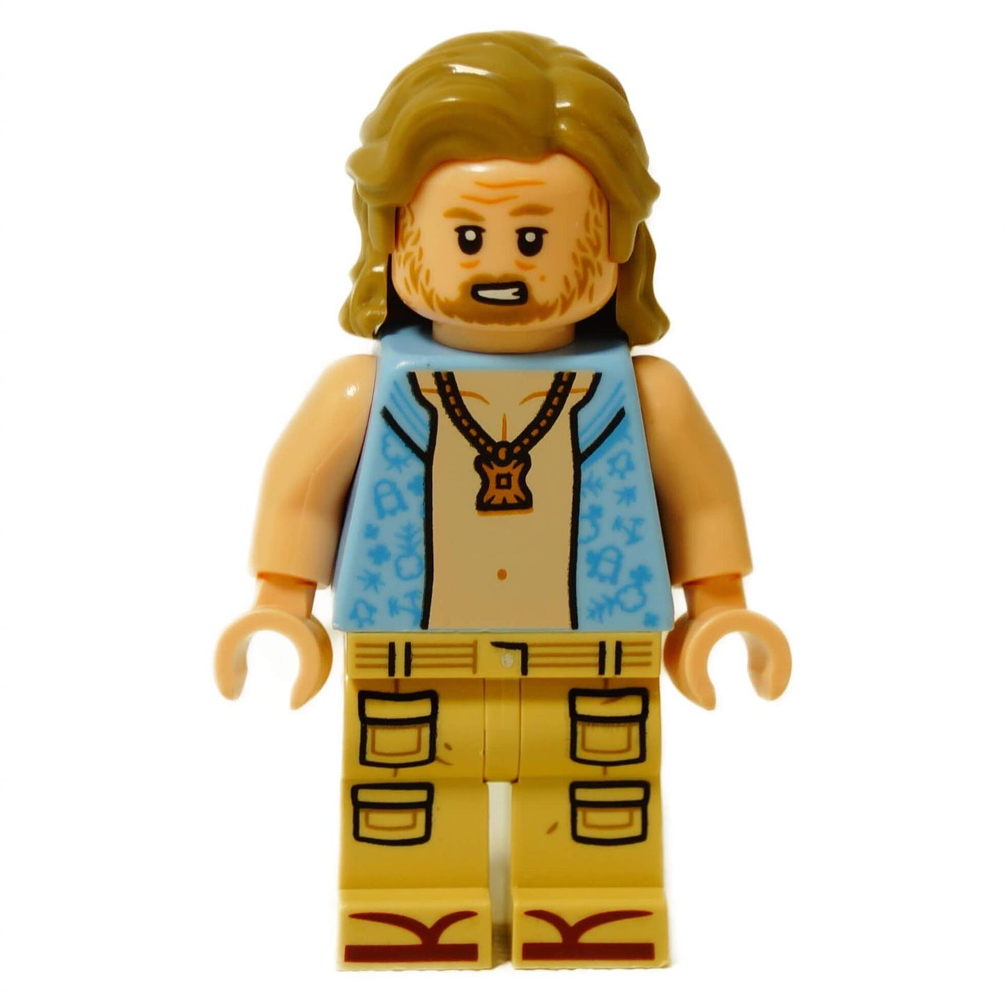 LEGO Beach Luke minifigure alternate face with concerned expression and beach outfit