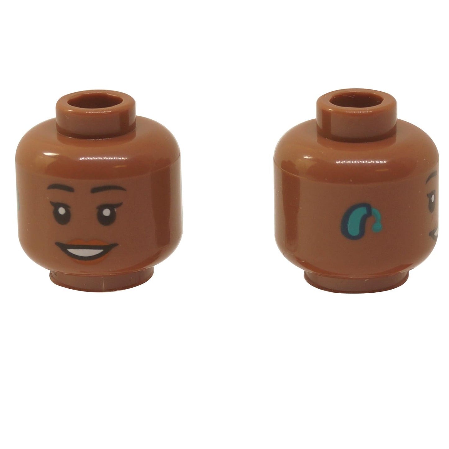 LEGO ženská hlava s naslouchátkem 3626pb3166 červenohnědá kůže a úsměv zepředu a z boku